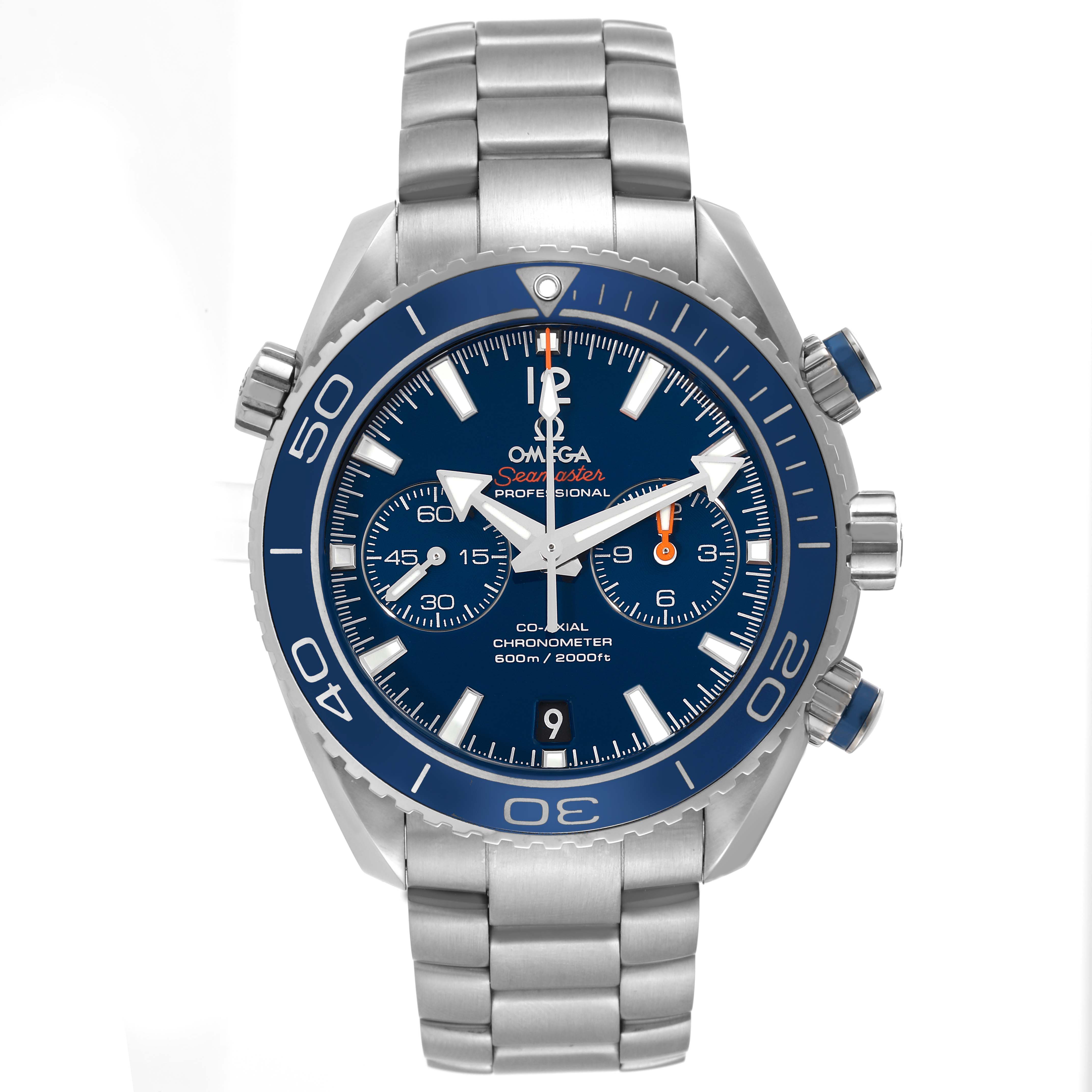The image shows a front view of the Omega Planet Ocean 232.90.46.51.03.001 Men's Titanium Blue Dial 232.90.46.51.03.001 Men's Titanium Blue Dial Seamaster watch, highlighting its dial, bezel, and metal bracelet.