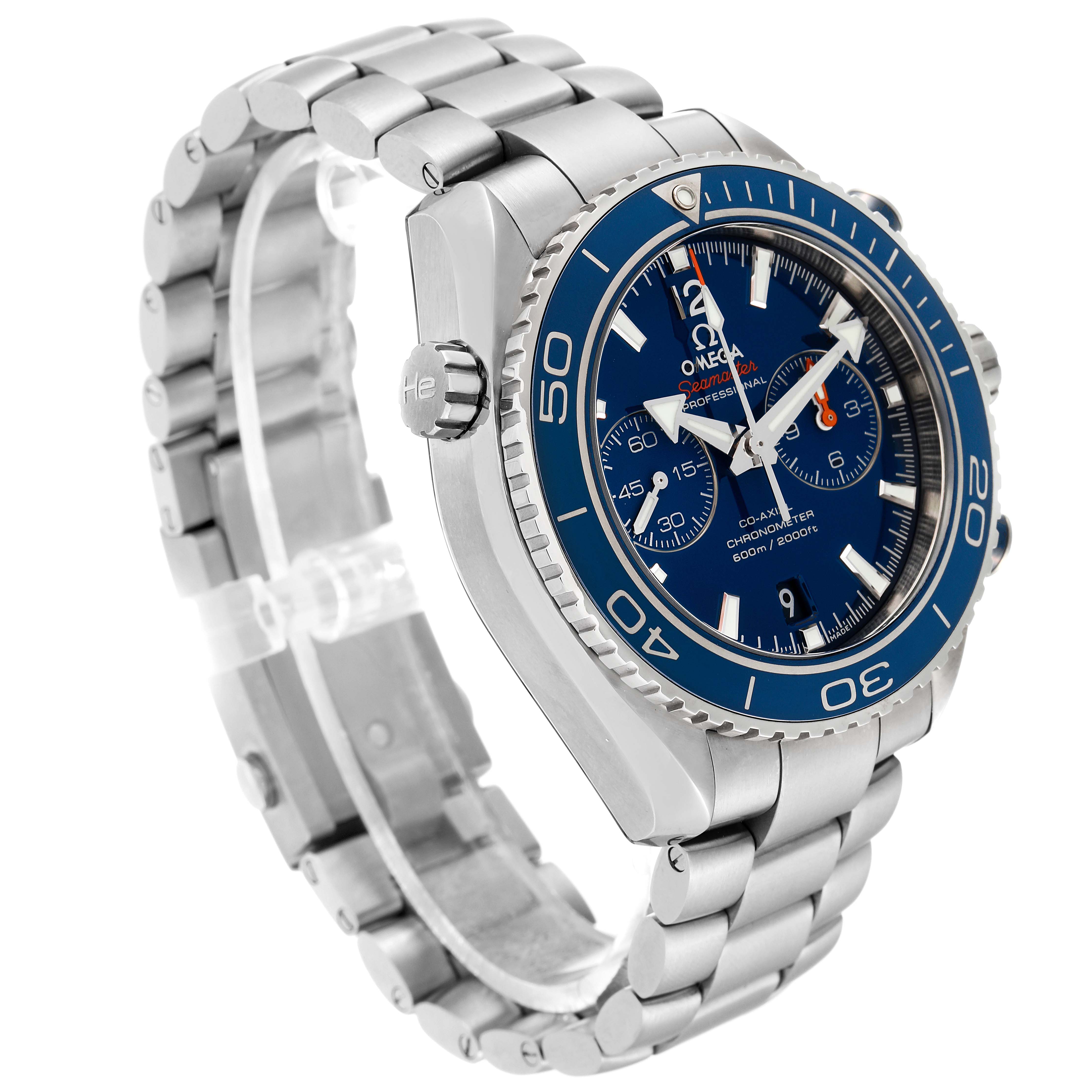 The Omega Planet Ocean 232.90.46.51.03.001 Men's Titanium Blue Dial 232.90.46.51.03.001 Men's Titanium Blue Dial watch is shown at a front-left angle, highlighting its face, bezel, crown, and bracelet.