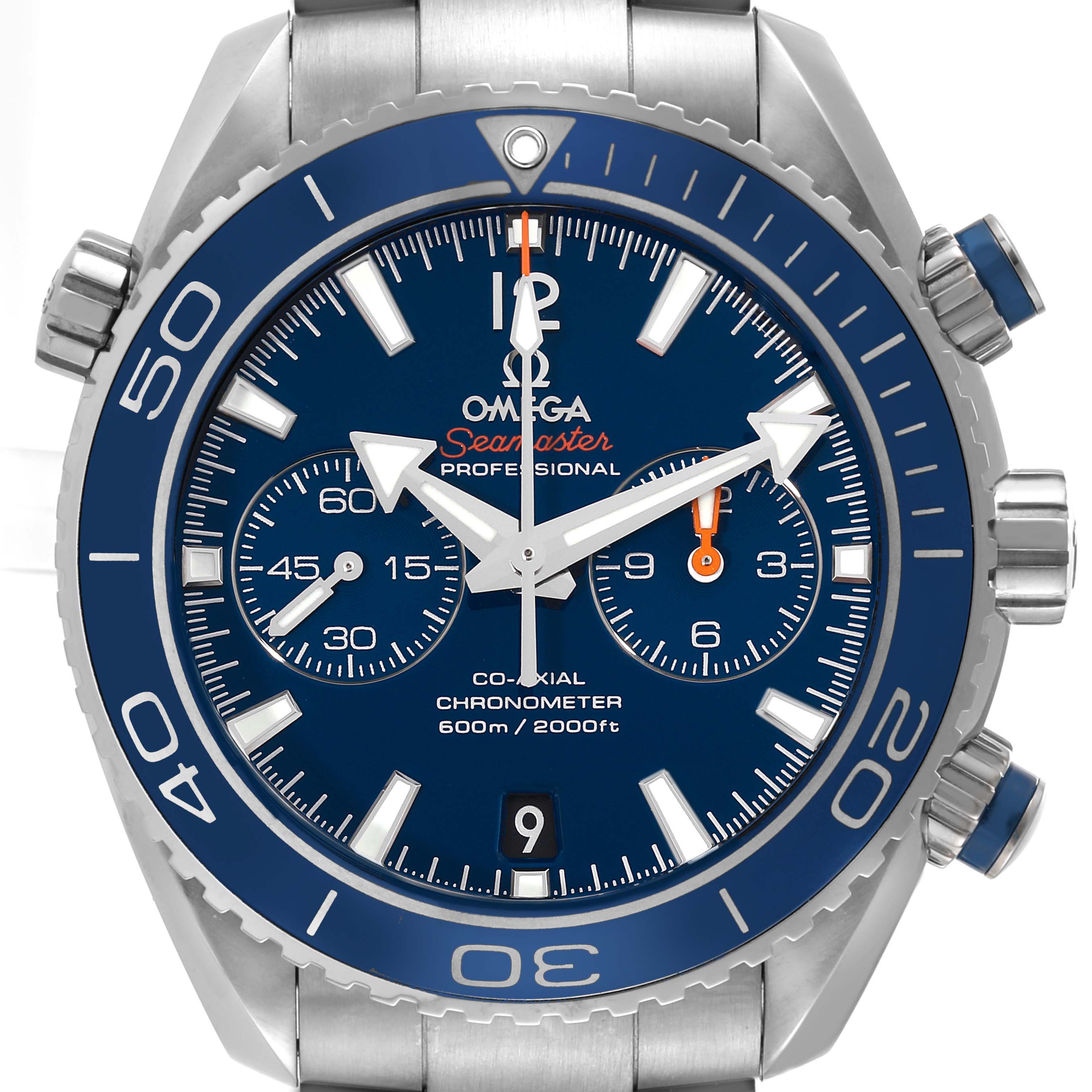 The image shows a front view of the Omega Seamaster Planet Ocean watch, displaying its dial, bezel, and chronograph sub-dials.