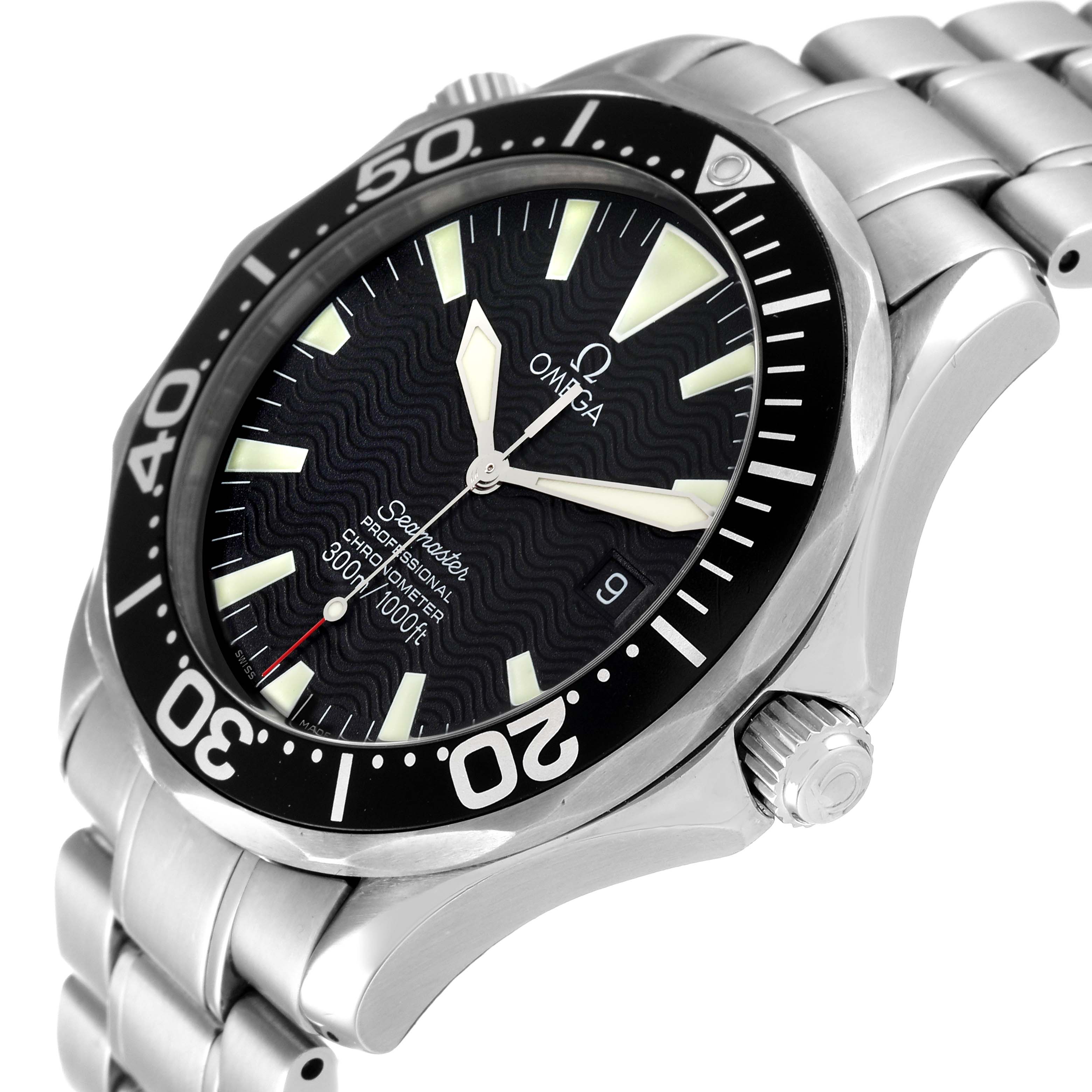The Omega Seamaster 2254.50.00 Men's Stainless Steel Black Dial 2254.50.00 Men's Stainless Steel Black Dial watch is shown at an angle highlighting the face, bezel, crown, and part of the stainless steel bracelet.