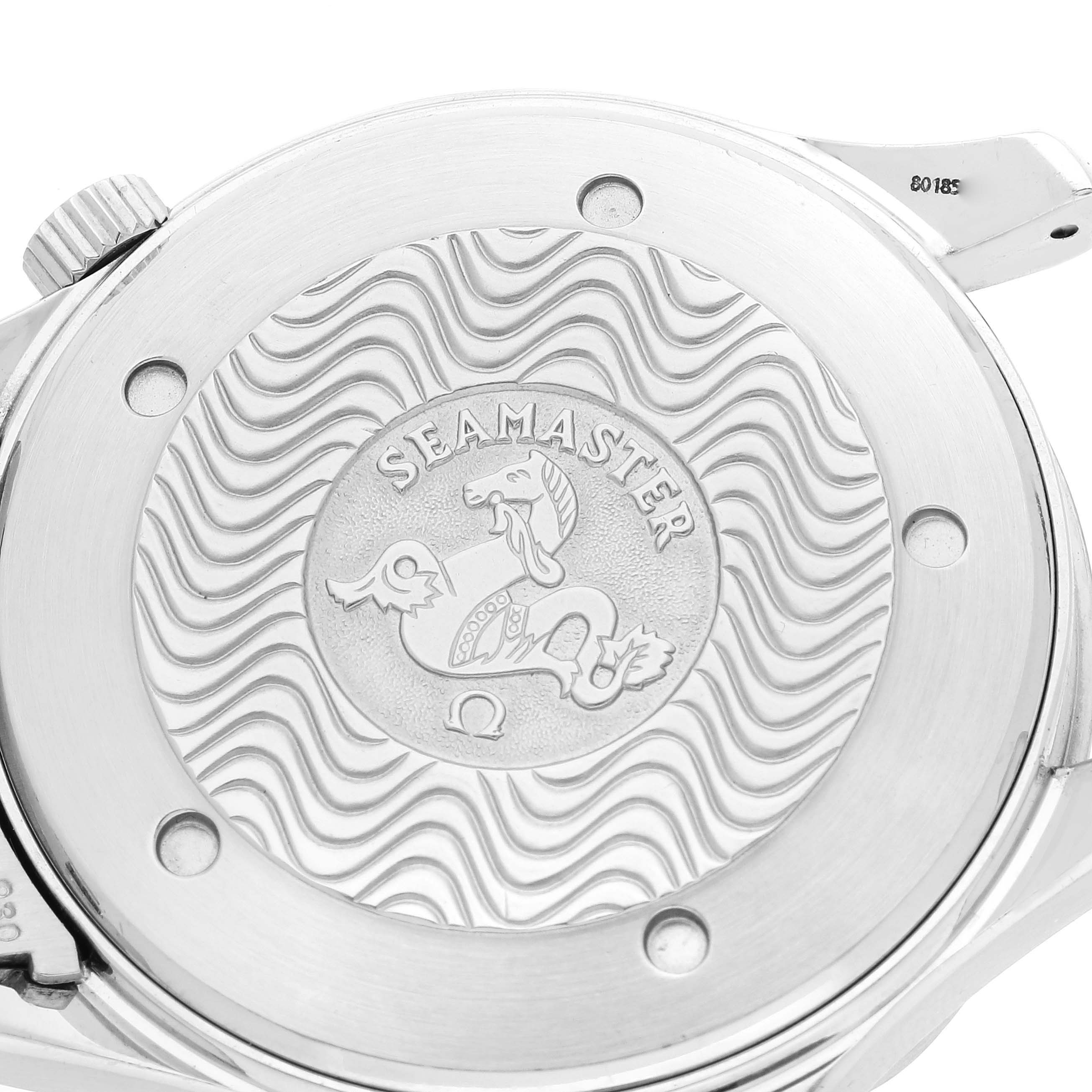 The image shows the case back of the Omega Seamaster 2254.50.00 Men's Stainless Steel Black Dial 2254.50.00 Men's Stainless Steel Black Dial watch, featuring an engraved seahorse design and wave pattern.