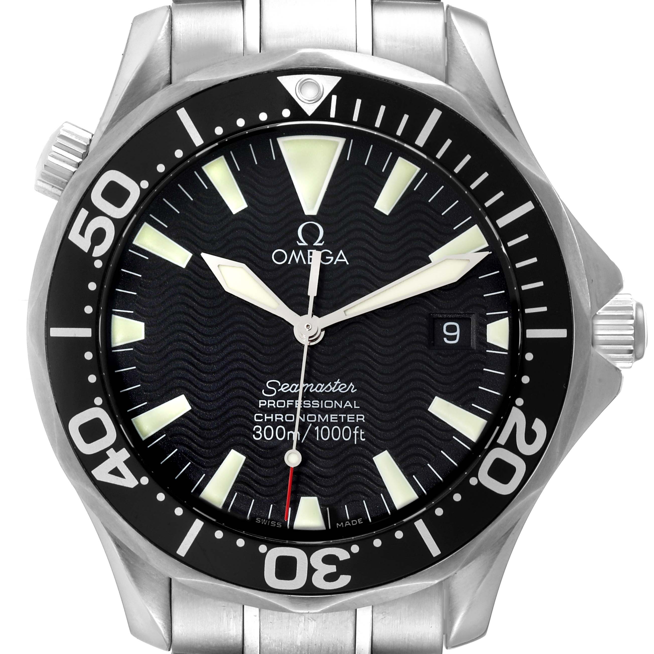 The image shows a front view of an Omega Seamaster 2254.50.00 Men's Stainless Steel Black Dial 2254.50.00 Men's Stainless Steel Black Dial watch, highlighting the dial, bezel, and part of the stainless steel bracelet.