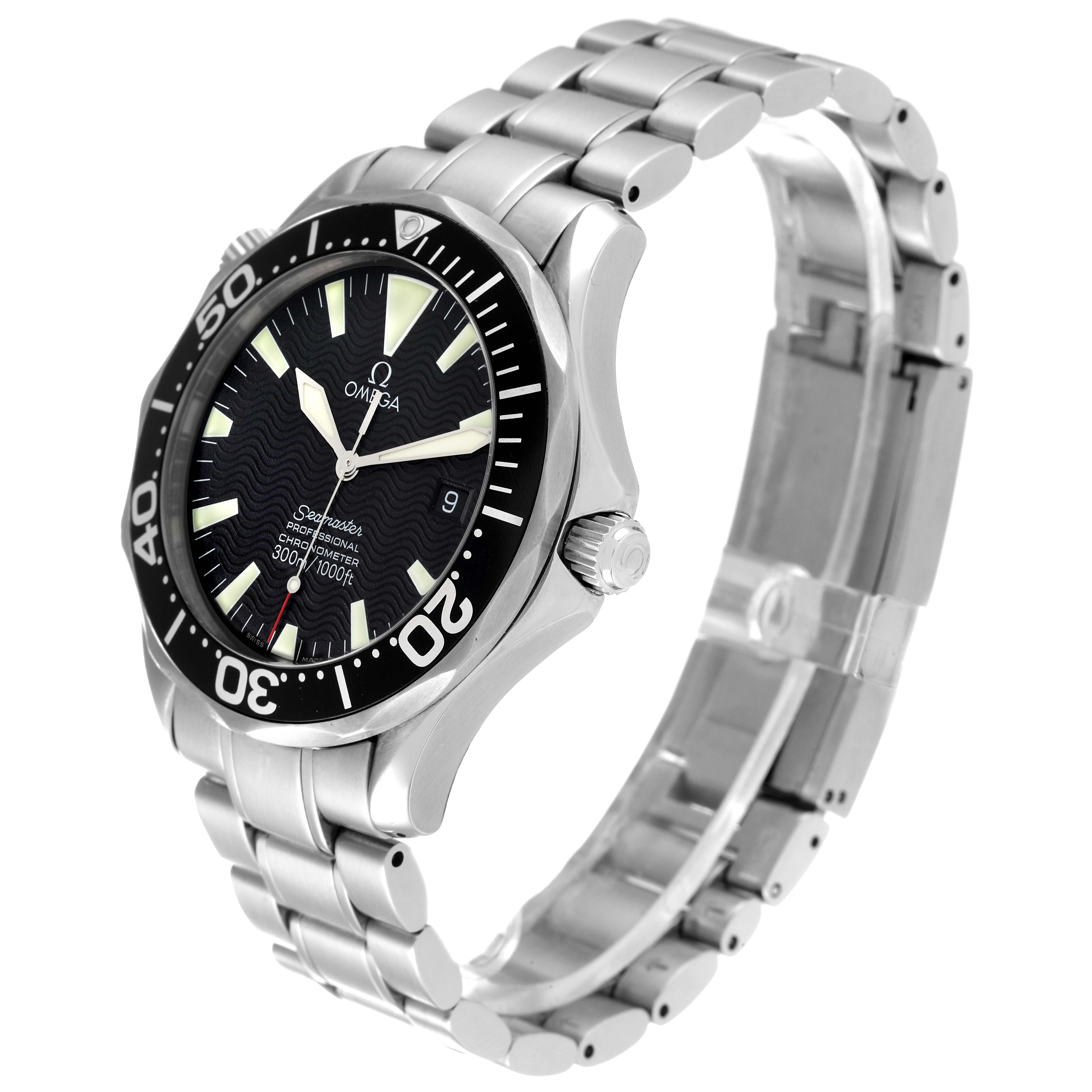 The image shows an angled side and front view of the Omega Seamaster 2254.50.00 Men's Stainless Steel Black Dial 2254.50.00 Men's Stainless Steel Black Dial watch, highlighting the dial, bezel, and bracelet.
