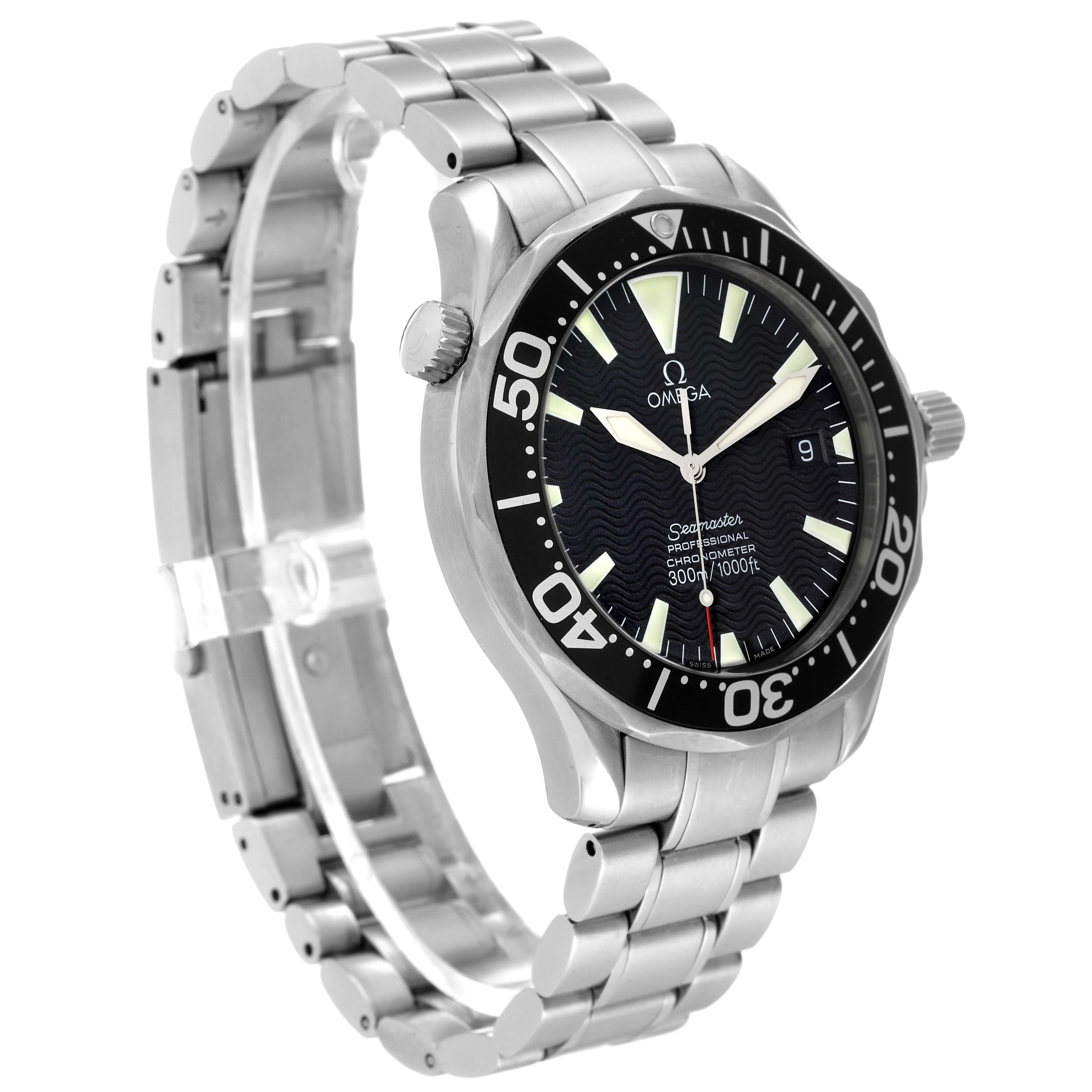 The image shows a side angle of the Omega Seamaster 2254.50.00 Men's Stainless Steel Black Dial 2254.50.00 Men's Stainless Steel Black Dial watch, highlighting the stainless steel bracelet and bezel.