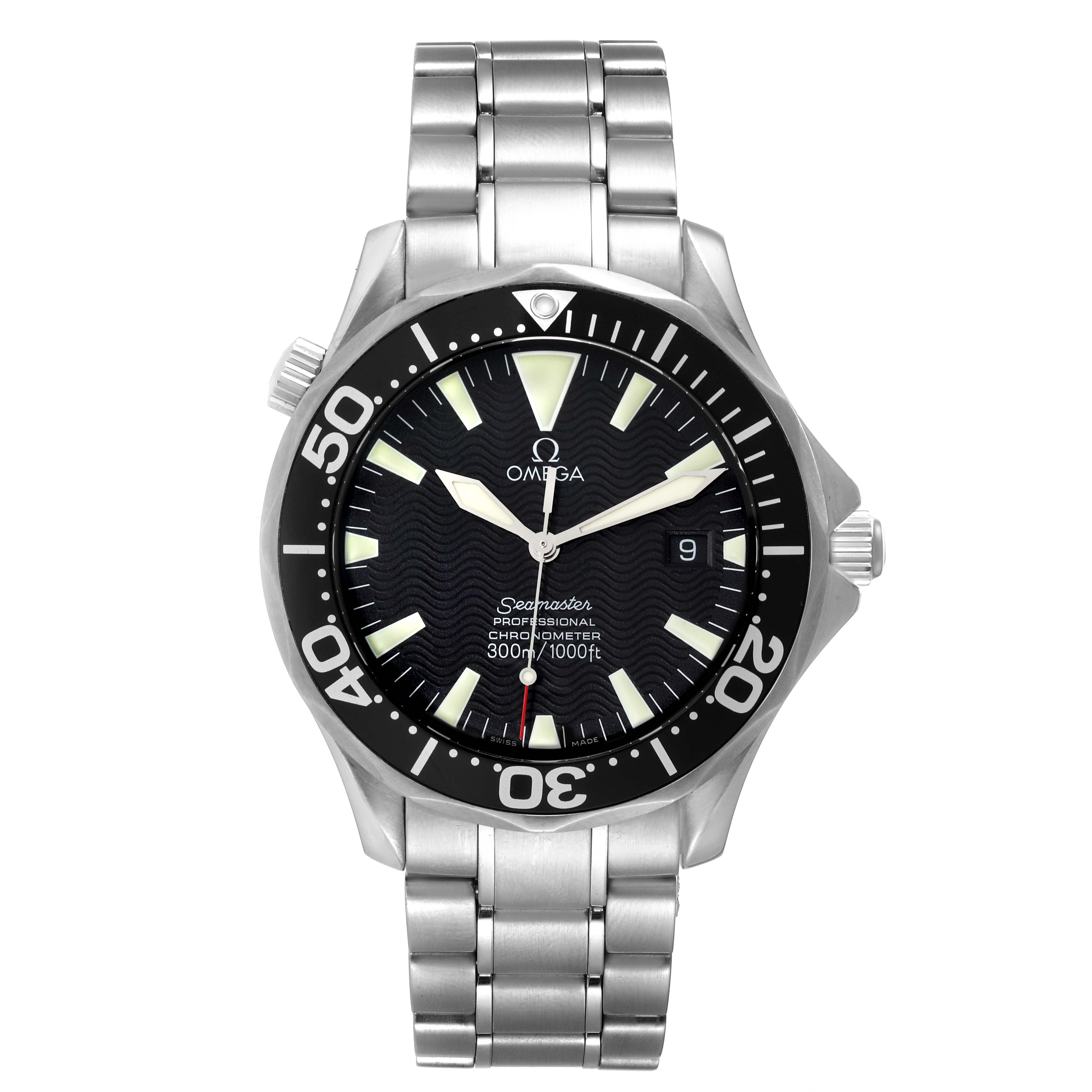 The image shows a front view of an Omega Seamaster 2254.50.00 Men's Stainless Steel Black Dial 2254.50.00 Men's Stainless Steel Black Dial watch, displaying its face, bezel, and metal bracelet.