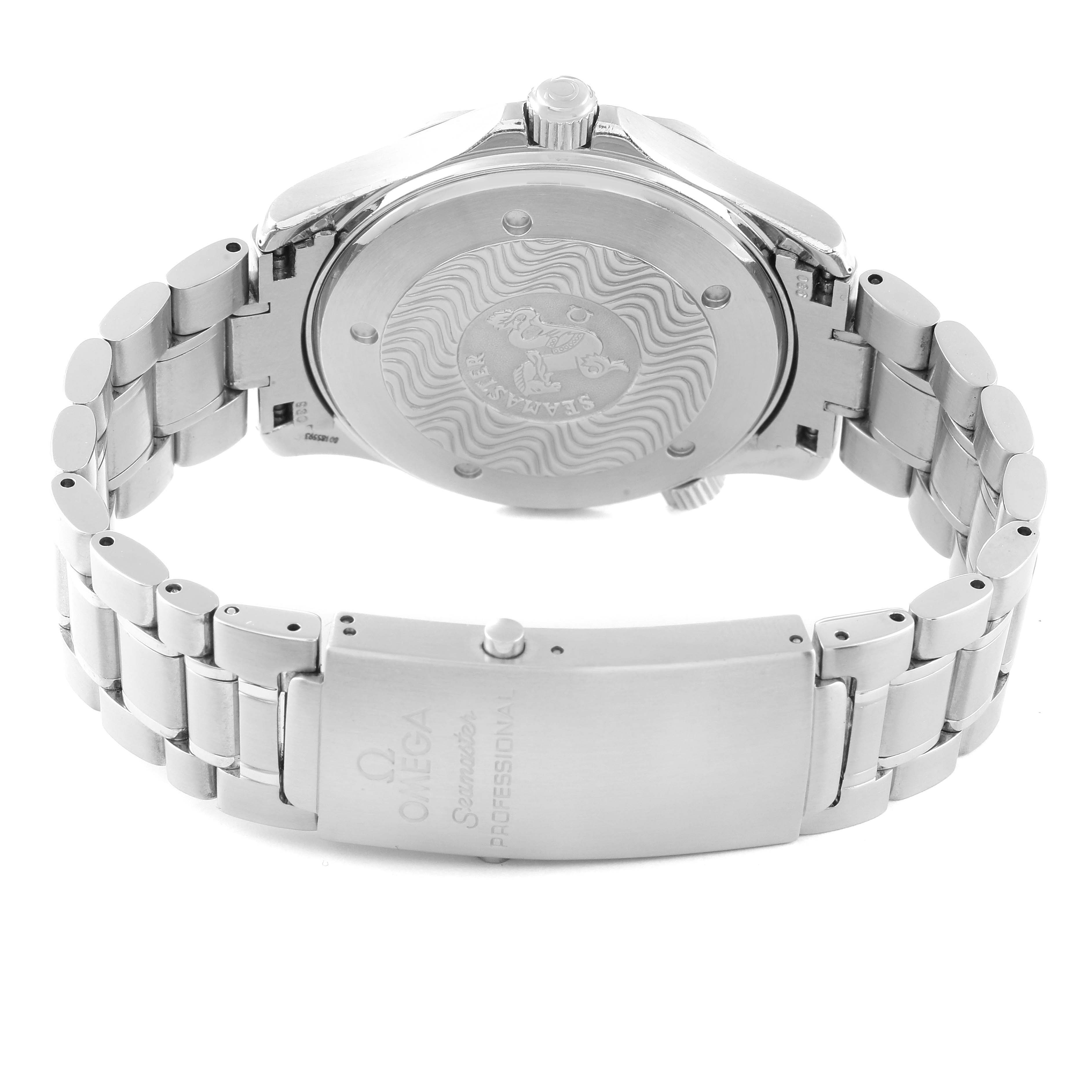 The image shows the back view of an Omega Seamaster 2254.50.00 Men's Stainless Steel Black Dial 2254.50.00 Men's Stainless Steel Black Dial watch, featuring its case back and stainless steel bracelet with a clasp.