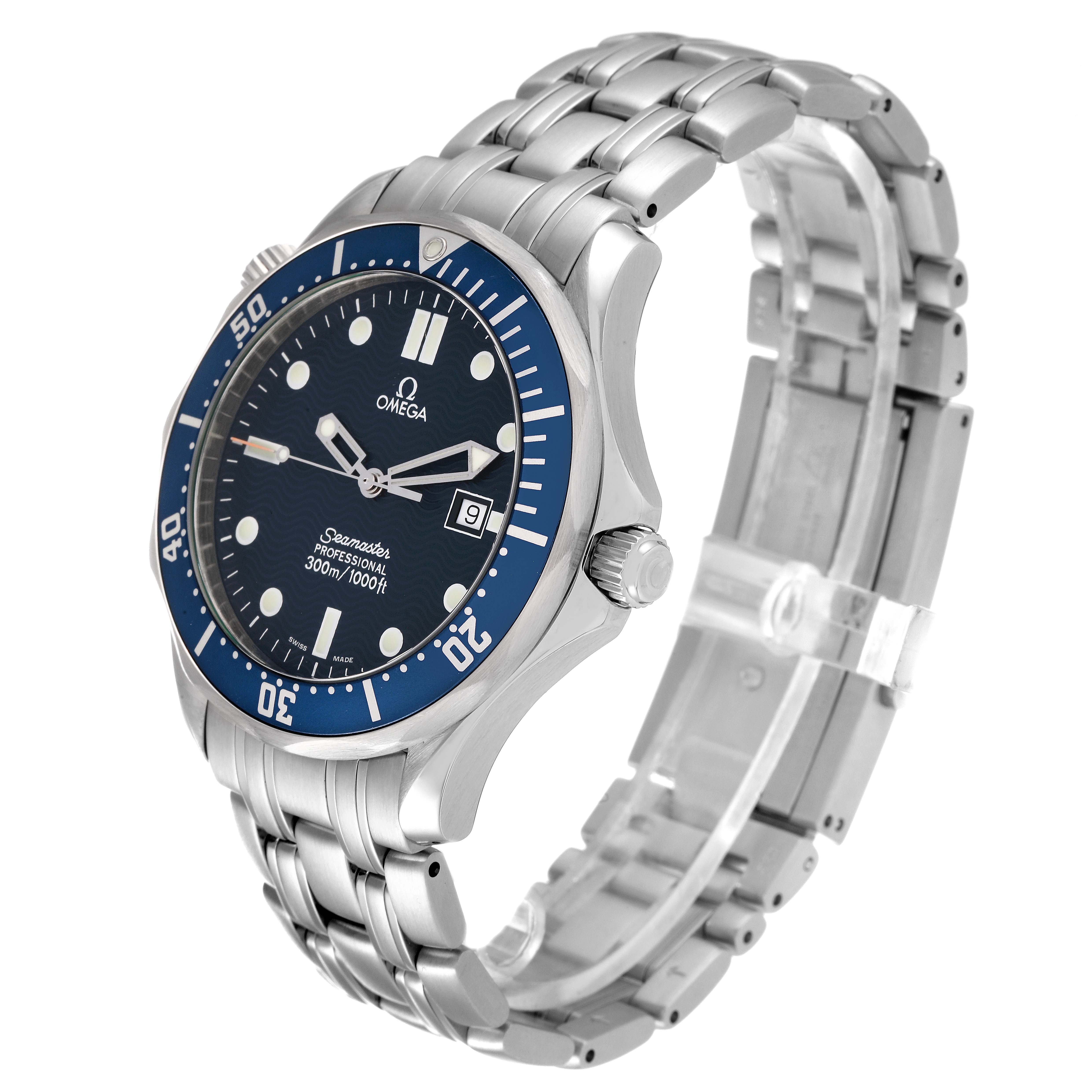 The Omega Seamaster 2541.80.00 Men's Stainless Steel Blue Dial 2541.80.00 Men's Stainless Steel Blue Dial watch is viewed from a tilted angle, showing the face, bezel, crown, and stainless steel bracelet.