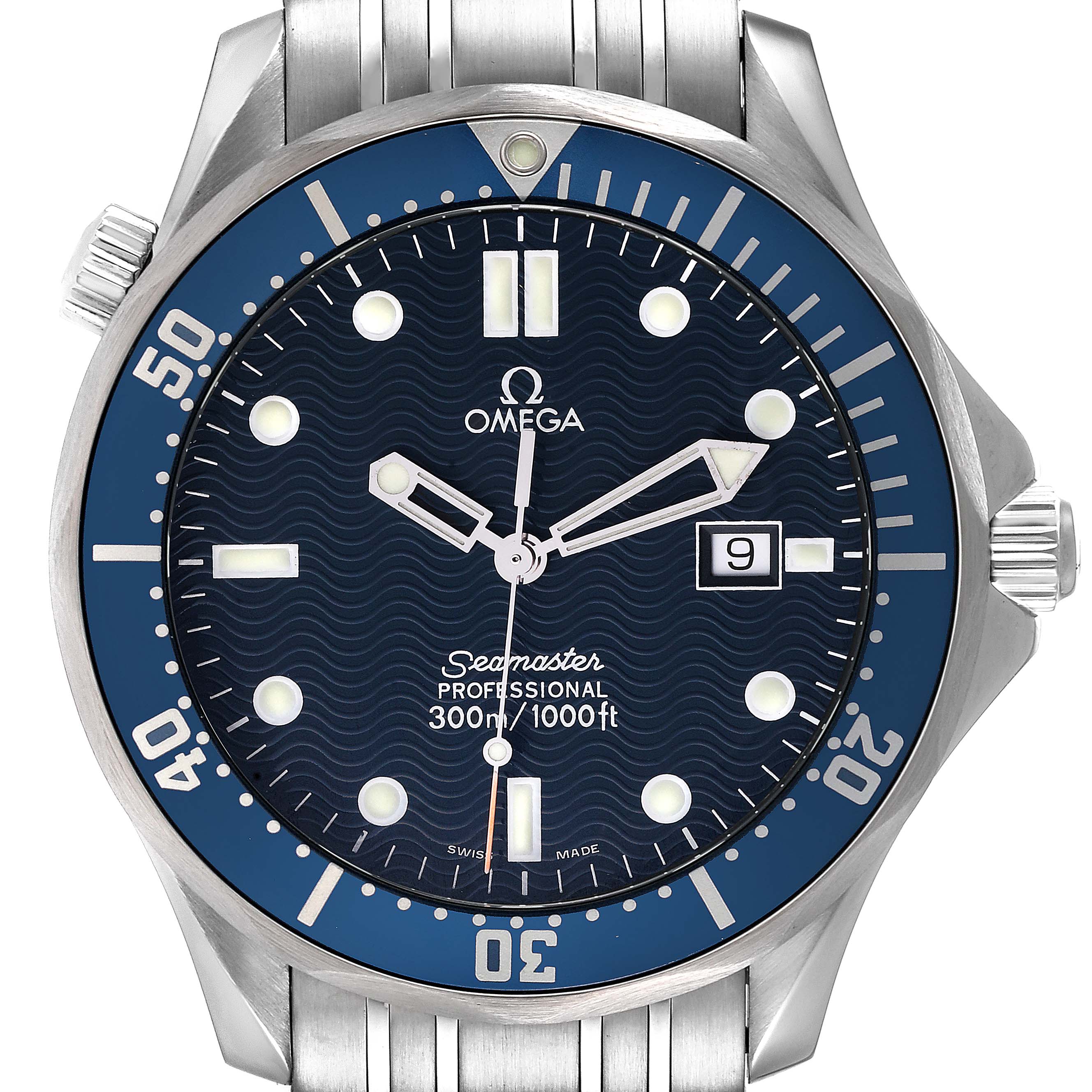 The image shows a frontal view of an Omega Seamaster 2541.80.00 Men's Stainless Steel Blue Dial 2541.80.00 Men's Stainless Steel Blue Dial watch with a blue dial and date display.