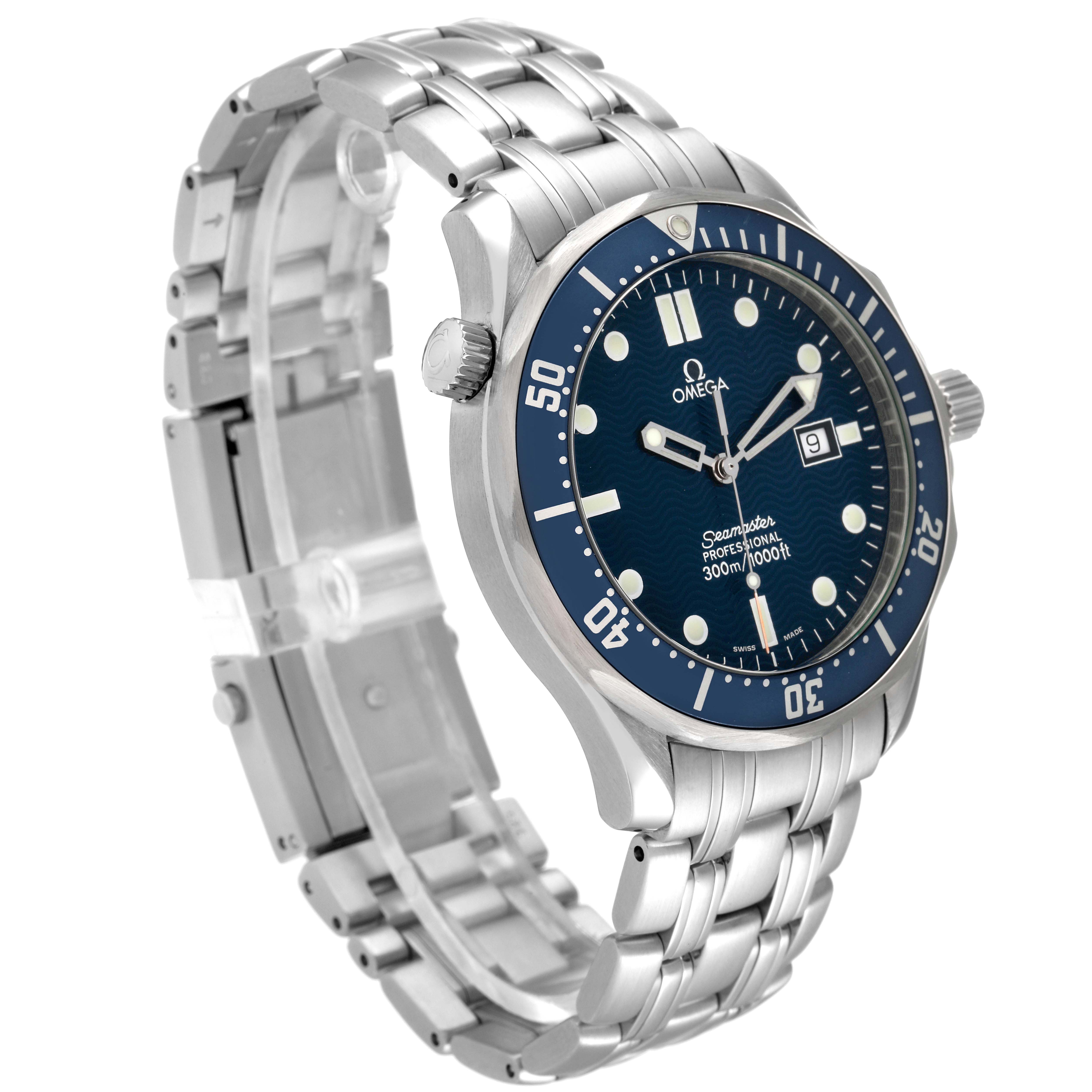 The image shows a side angle of an Omega Seamaster 2541.80.00 Men's Stainless Steel Blue Dial 2541.80.00 Men's Stainless Steel Blue Dial watch, highlighting its face, bezel, crown, and stainless steel bracelet.