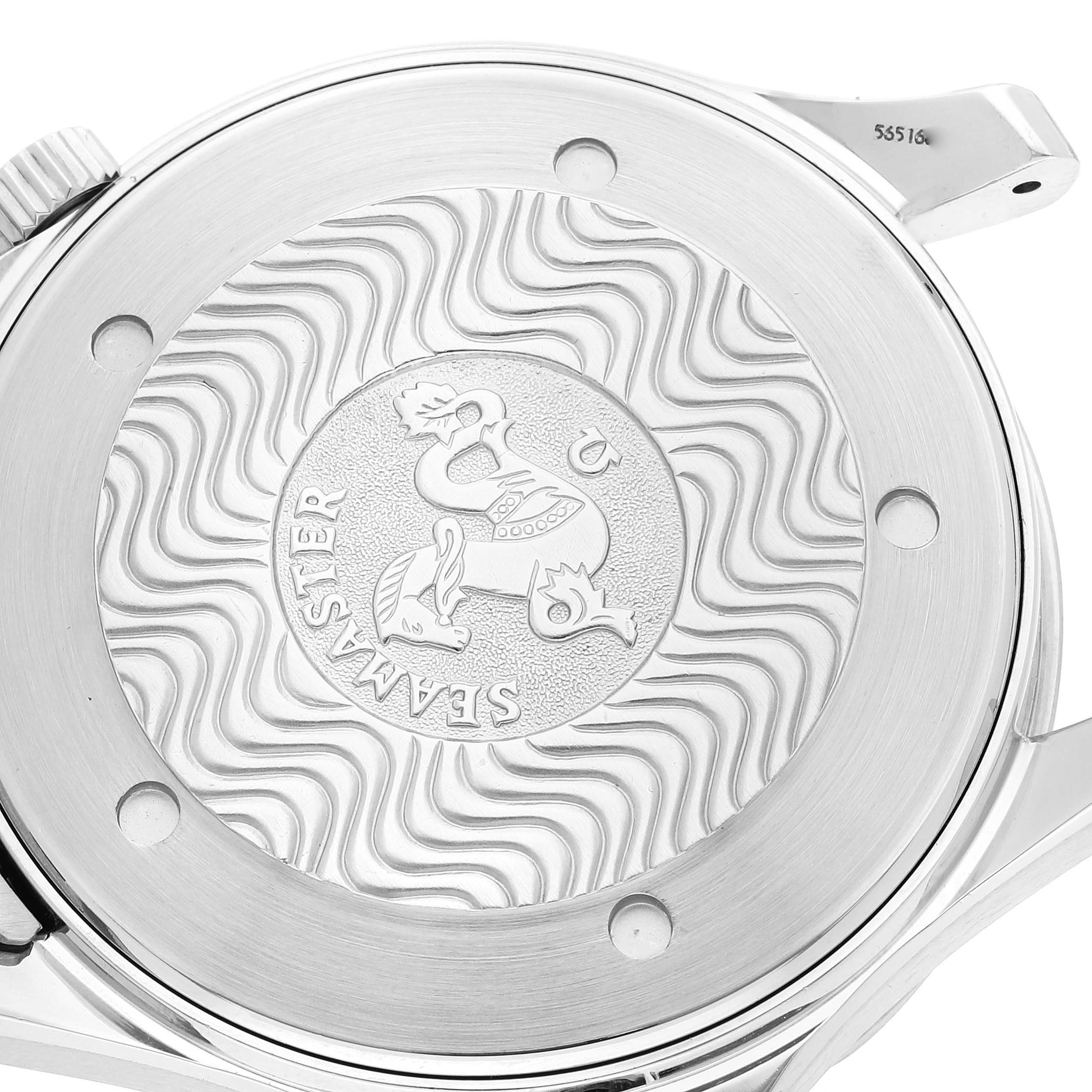 This image shows the case back of an Omega Seamaster 2541.80.00 Men's Stainless Steel Blue Dial 2541.80.00 Men's Stainless Steel Blue Dial watch, focusing on the engraved design and logo.