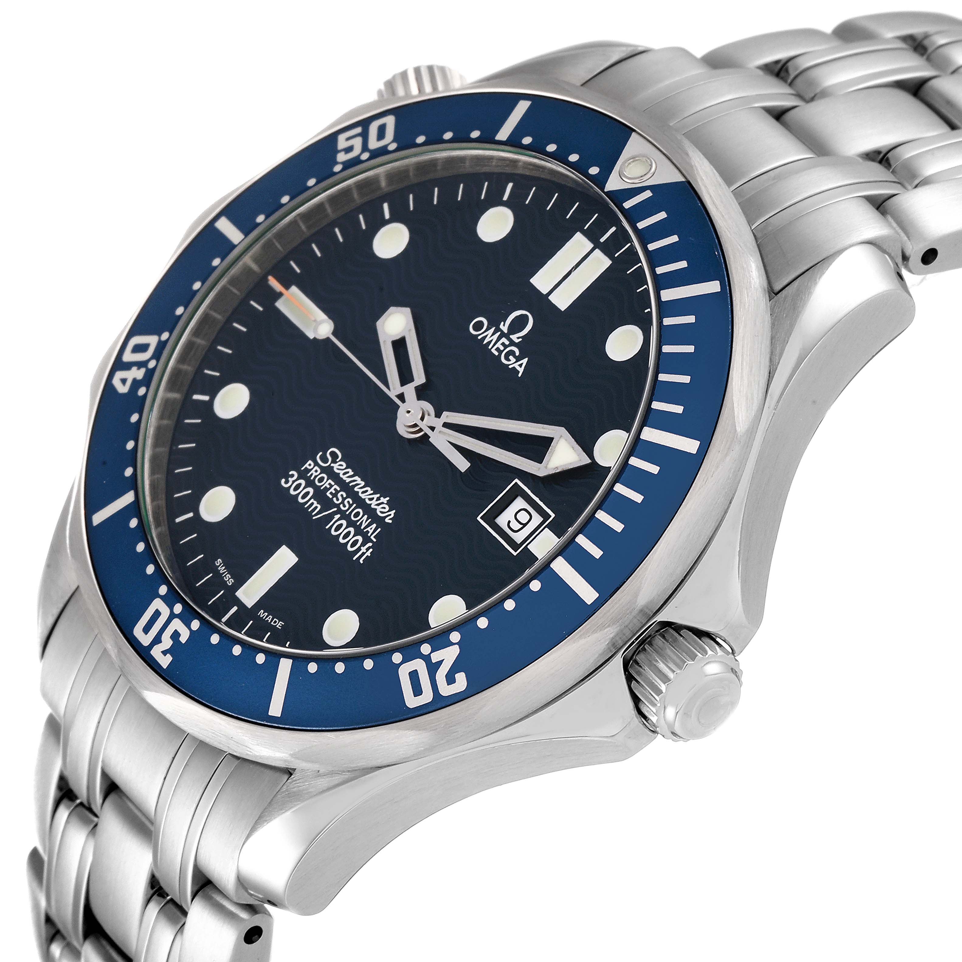 The image shows an angled side view of the Omega Seamaster 2541.80.00 Men's Stainless Steel Blue Dial 2541.80.00 Men's Stainless Steel Blue Dial watch, highlighting the bezel, dial, crown, and stainless steel bracelet.