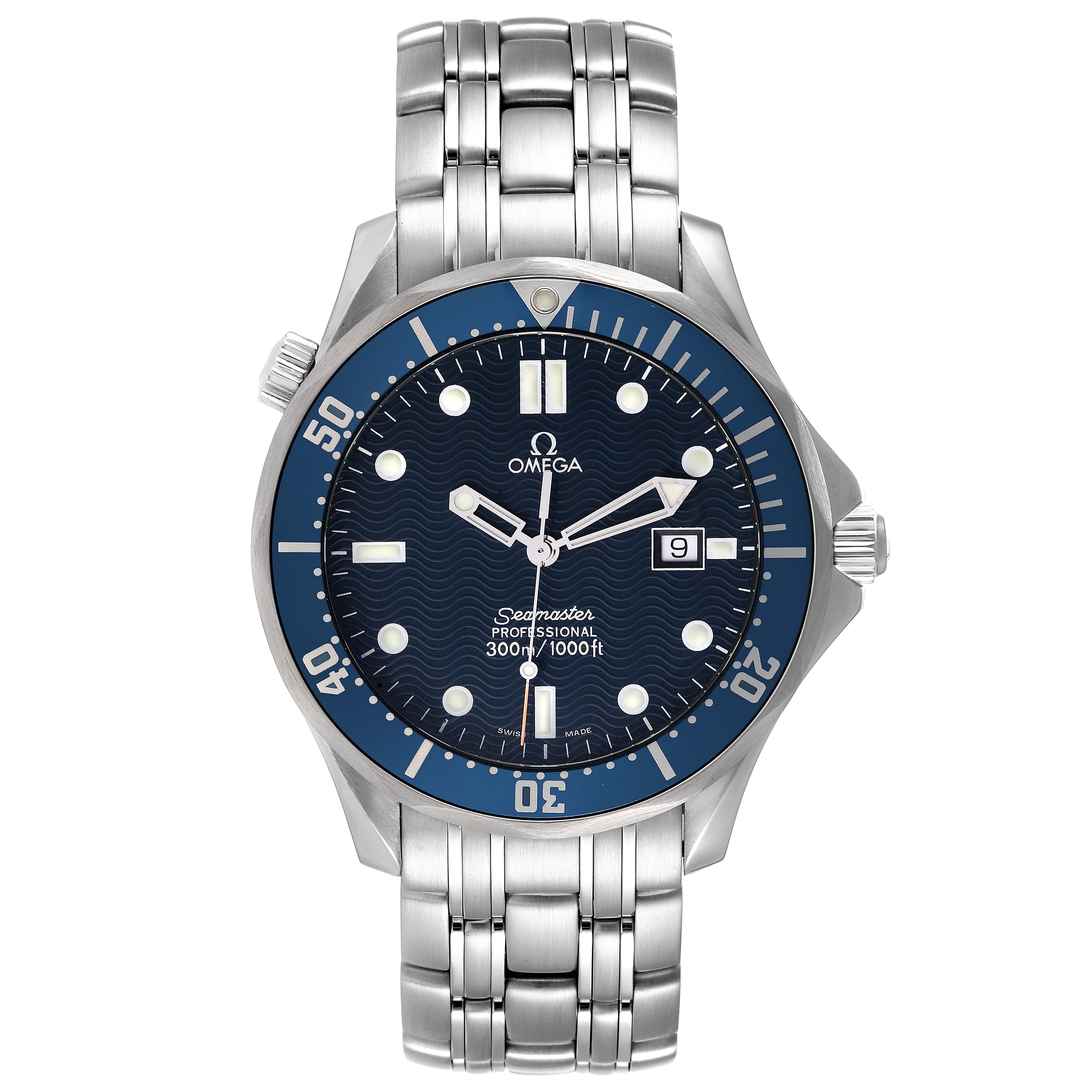 The Omega Seamaster 2541.80.00 Men's Stainless Steel Blue Dial 2541.80.00 Men's Stainless Steel Blue Dial watch is shown from the front, displaying its face, bezel, crown, and metal bracelet.