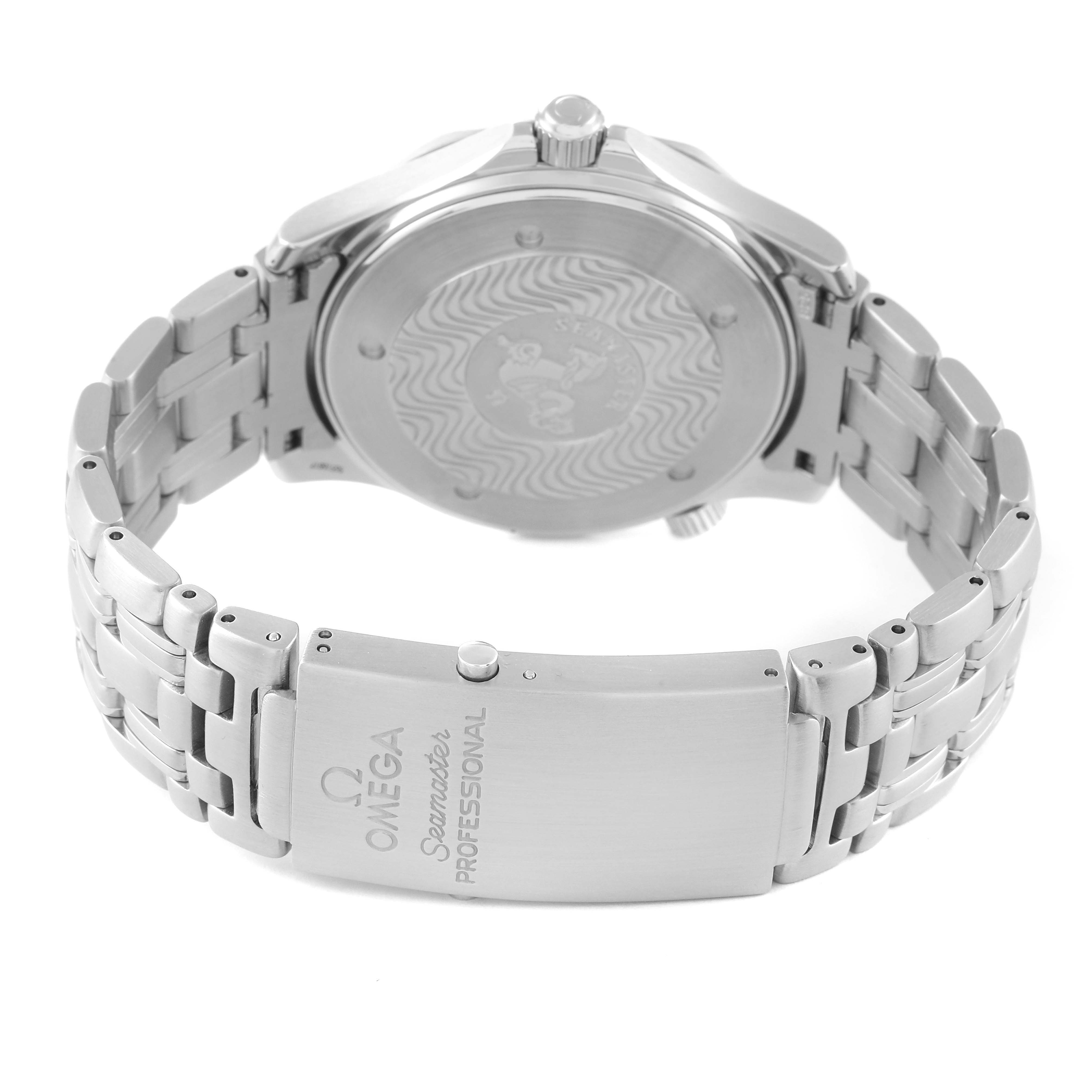 This image shows the back of an Omega Seamaster 2541.80.00 Men's Stainless Steel Blue Dial 2541.80.00 Men's Stainless Steel Blue Dial watch, highlighting its case back and metal bracelet with the clasp.