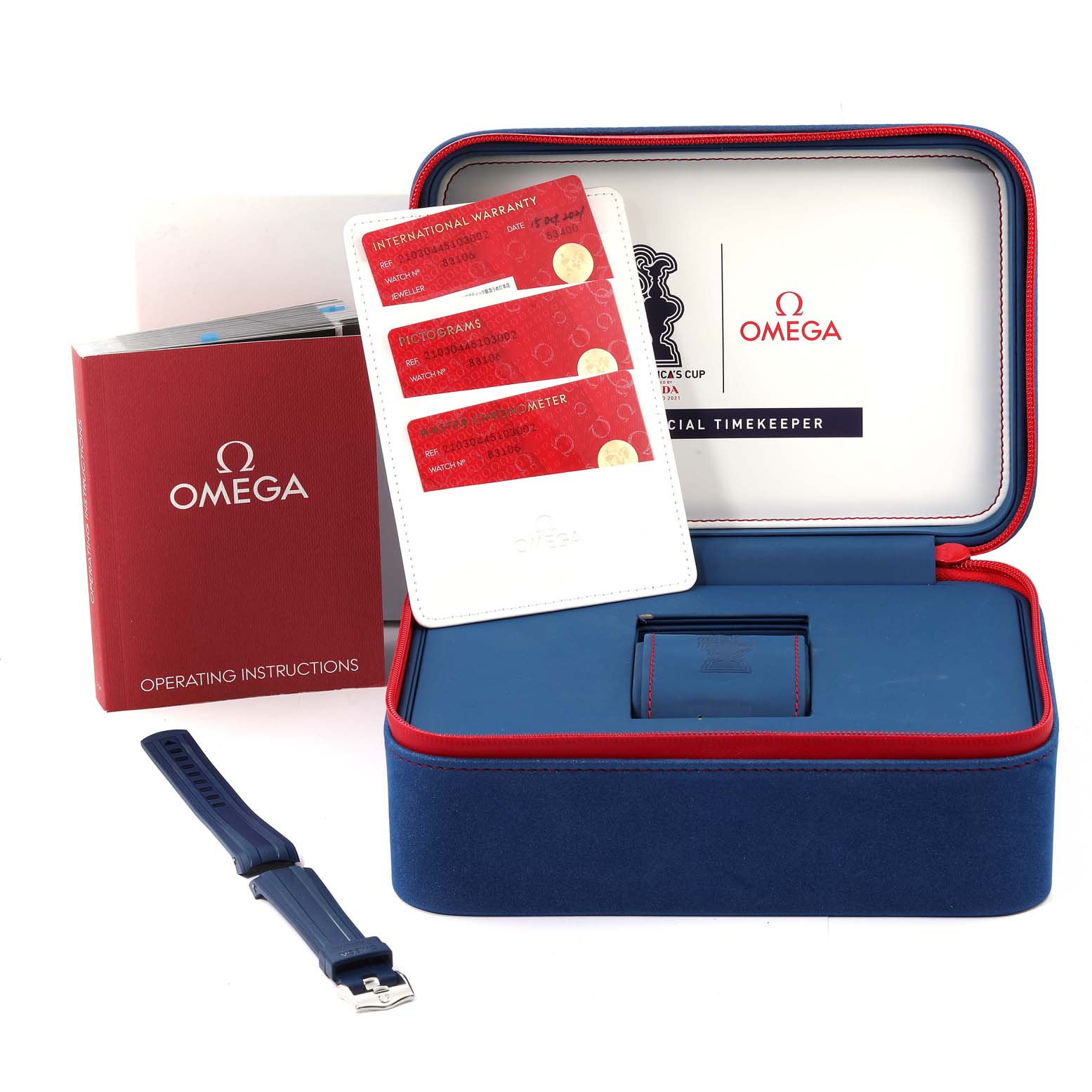 The image shows the packaging, documentation, and a replacement strap for an Omega Seamaster 210.30.44.51.03.002 Men's Stainless Steel Blue Dial 210.30.44.51.03.002 Men's Stainless Steel Blue Dial watch.