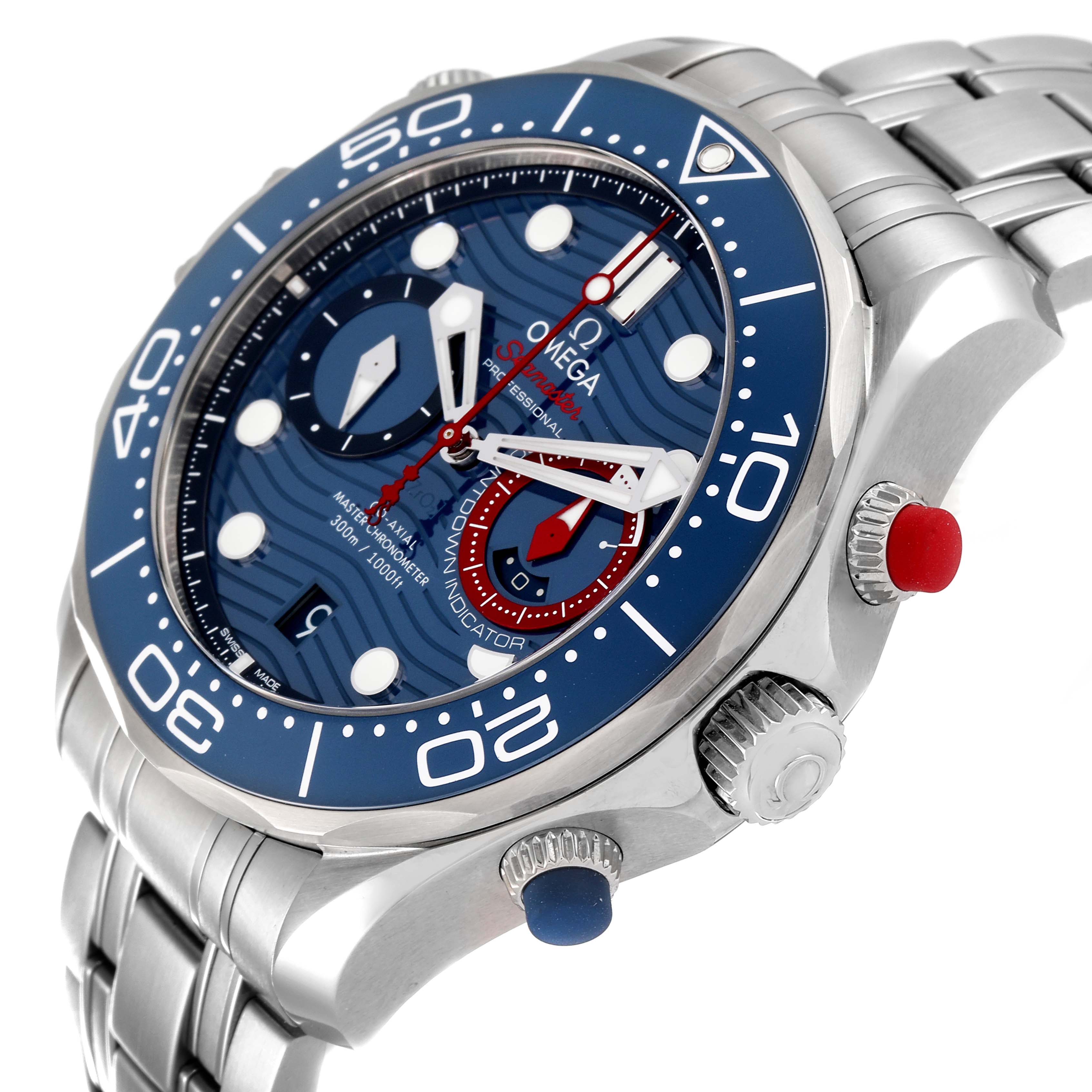 A side angle shows the face, bezel, pushers, crown, and bracelet of the Omega Seamaster 210.30.44.51.03.002 Men's Stainless Steel Blue Dial 210.30.44.51.03.002 Men's Stainless Steel Blue Dial watch.