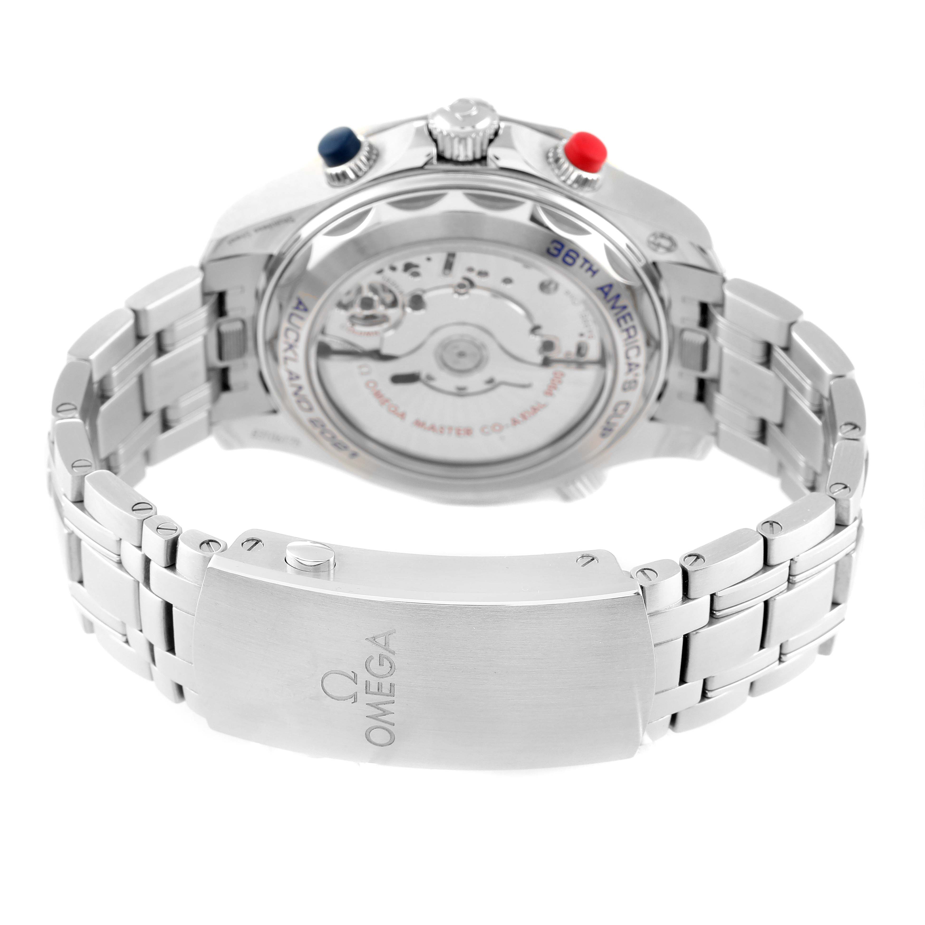 The image shows the back angle of a Seamaster by Omega, highlighting its case back, bracelet, and clasp with the Omega logo.