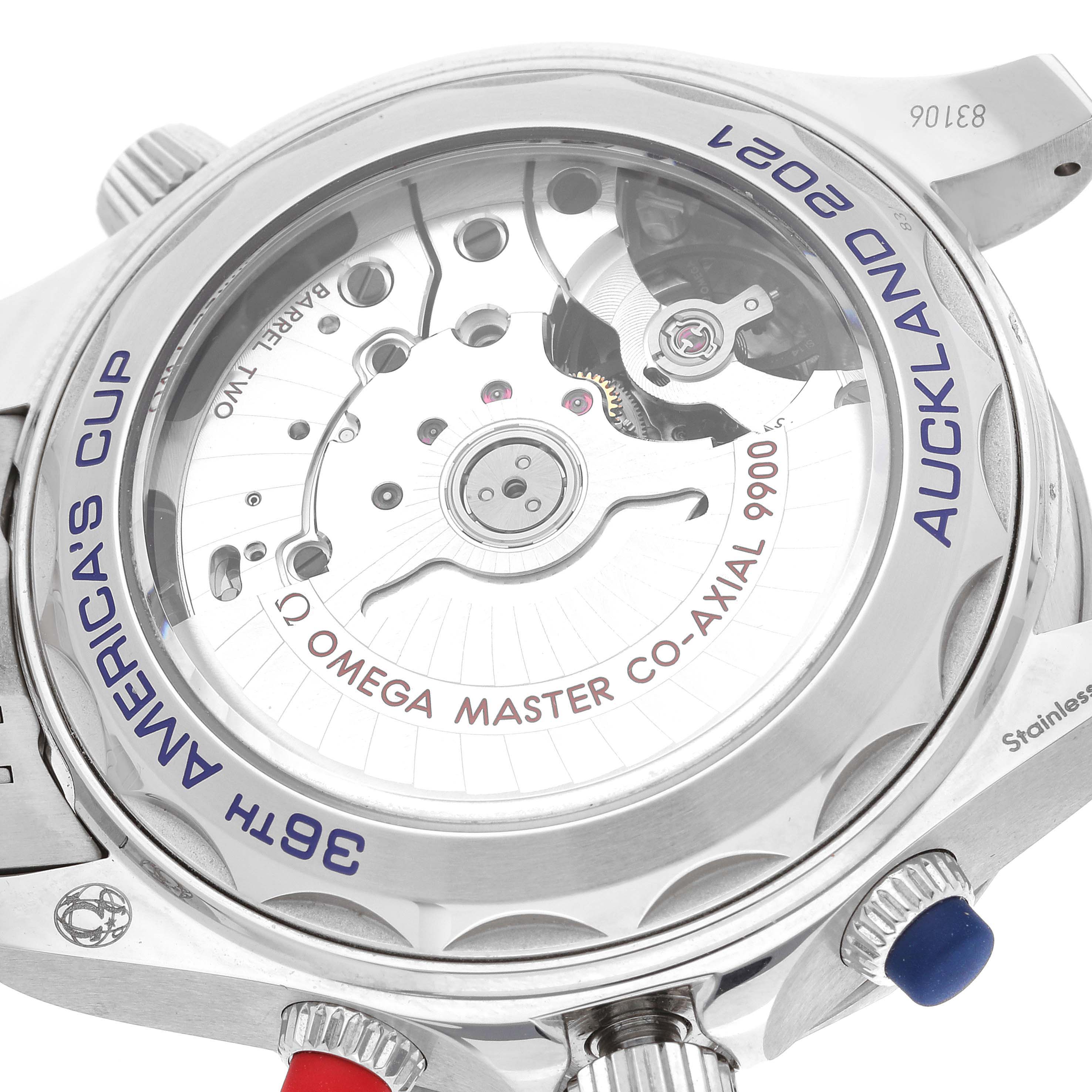 The image shows the case back and movement of the Omega Seamaster 210.30.44.51.03.002 Men's Stainless Steel Blue Dial 210.30.44.51.03.002 Men's Stainless Steel Blue Dial watch, highlighting the Co-Axial 9900 mechanism.