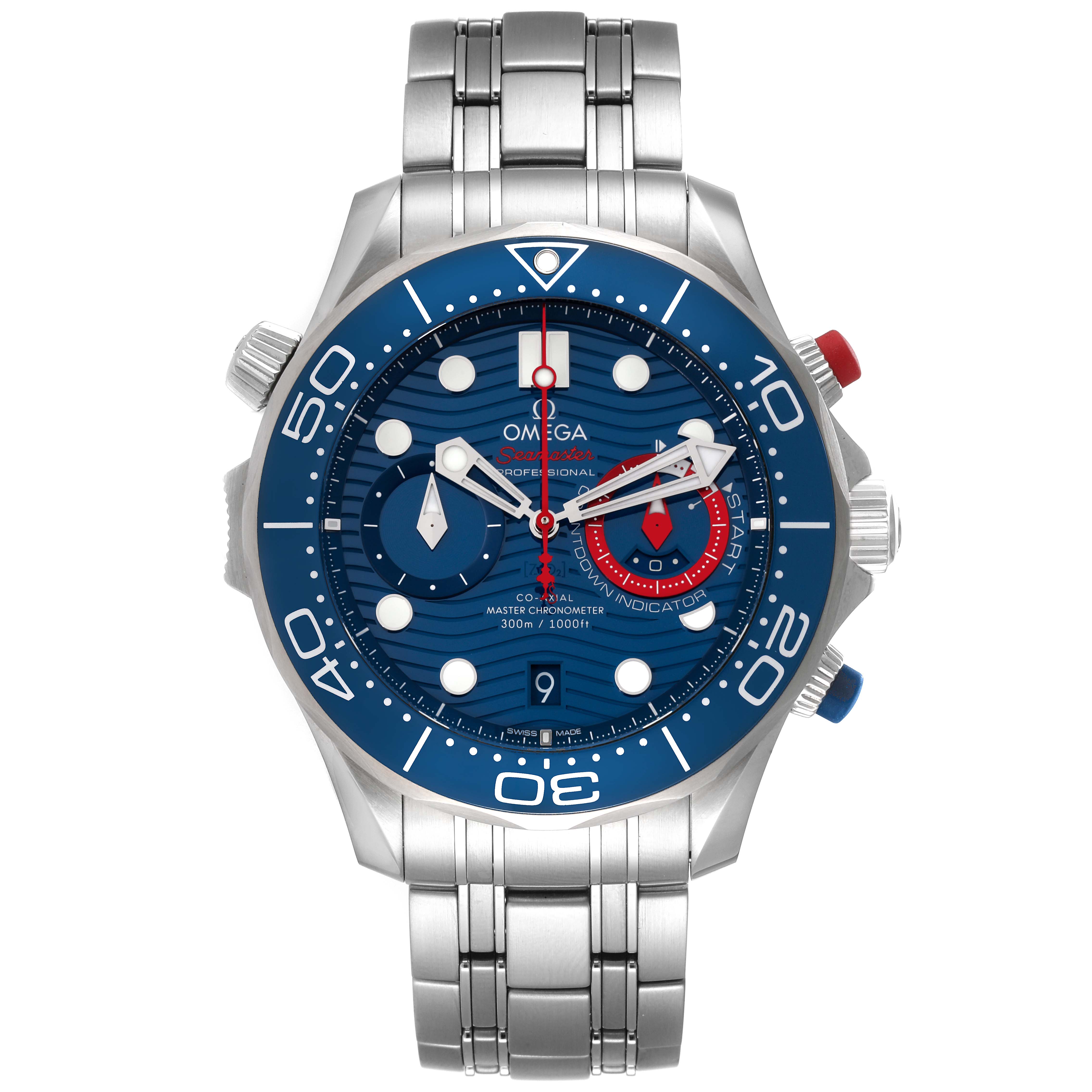 The image shows the front view of the Omega Seamaster 210.30.44.51.03.002 Men's Stainless Steel Blue Dial 210.30.44.51.03.002 Men's Stainless Steel Blue Dial watch, including its blue dial, bezel, and silver bracelet.