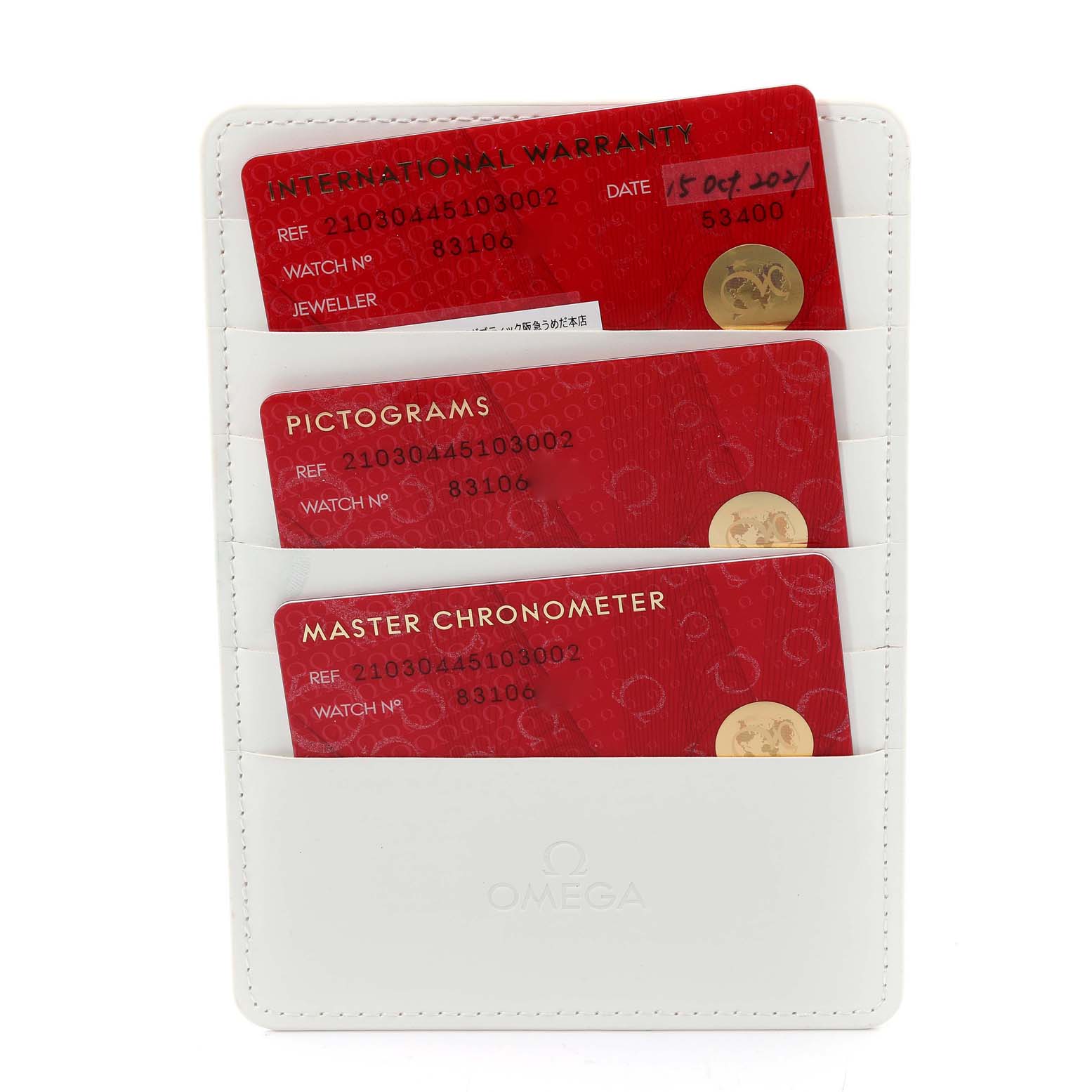 The image shows three red cards: International Warranty, Pictograms, and Master Chronometer for the Omega Seamaster 210.30.44.51.03.002 Men's Stainless Steel Blue Dial 210.30.44.51.03.002 Men's Stainless Steel Blue Dial model.