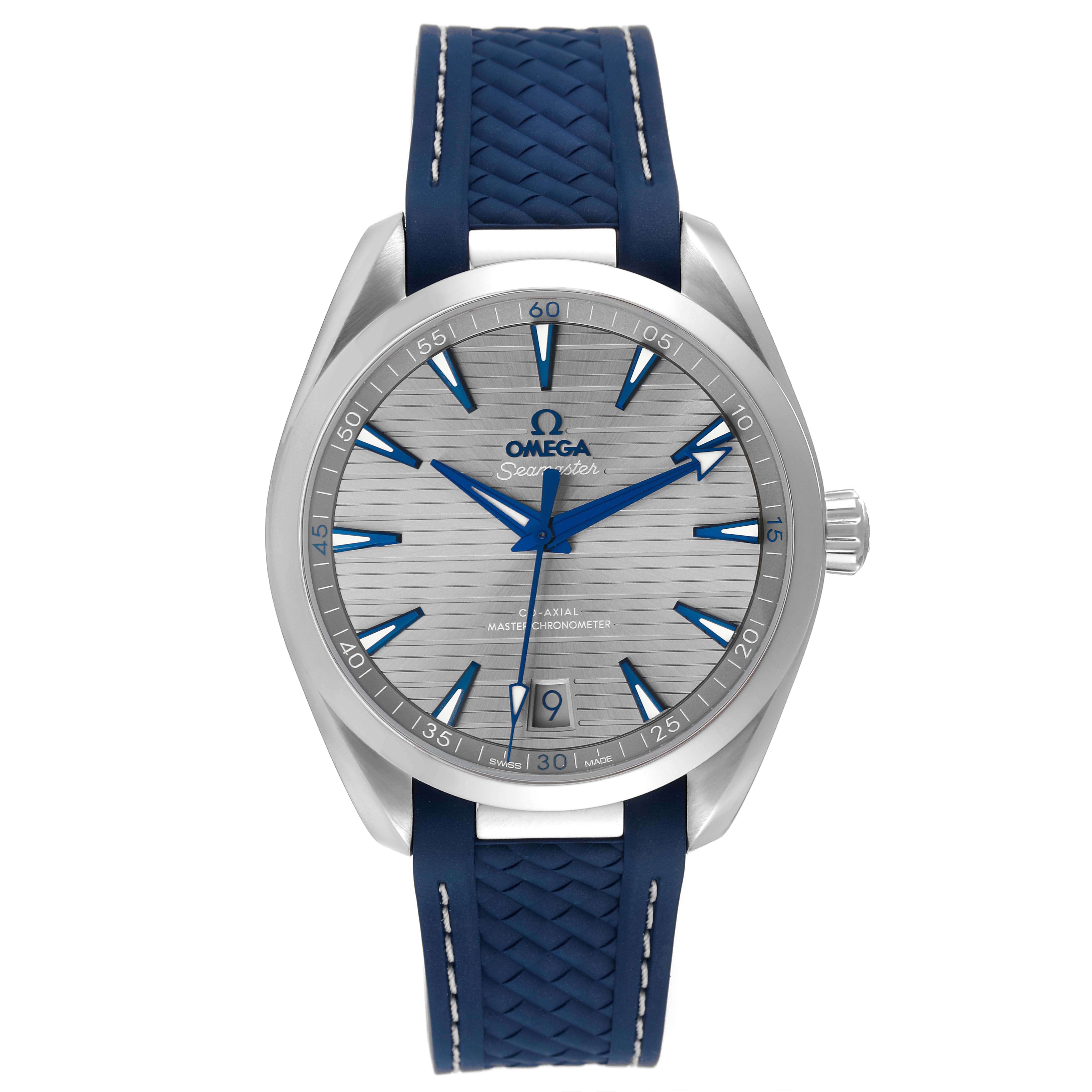 The image shows a front view of the Omega Aqua Terra 220.12.41.21.06.001 Men
s Stainless Steel Grey Dial 220.12.41.21.06.001 Men
s Stainless Steel Grey Dial watch, highlighting its face, bezel, and blue strap.