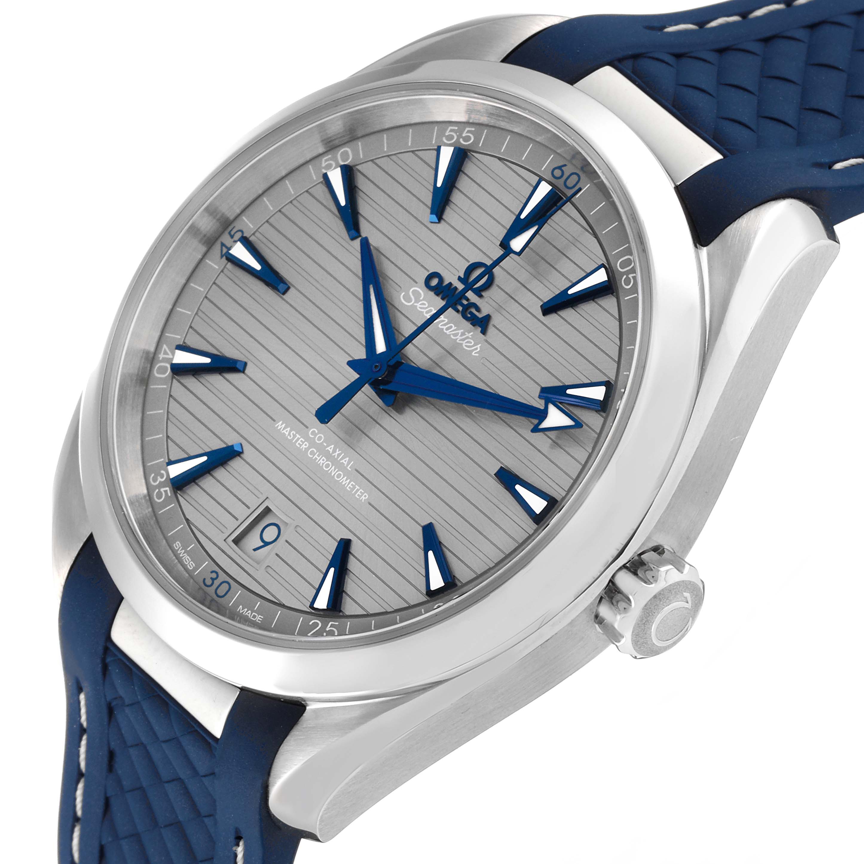 This image shows an angled view of the Omega Aqua Terra 220.12.41.21.06.001 Men
s Stainless Steel Grey Dial 220.12.41.21.06.001 Men
s Stainless Steel Grey Dial watch, highlighting its face, bezel, crown, and partial strap.