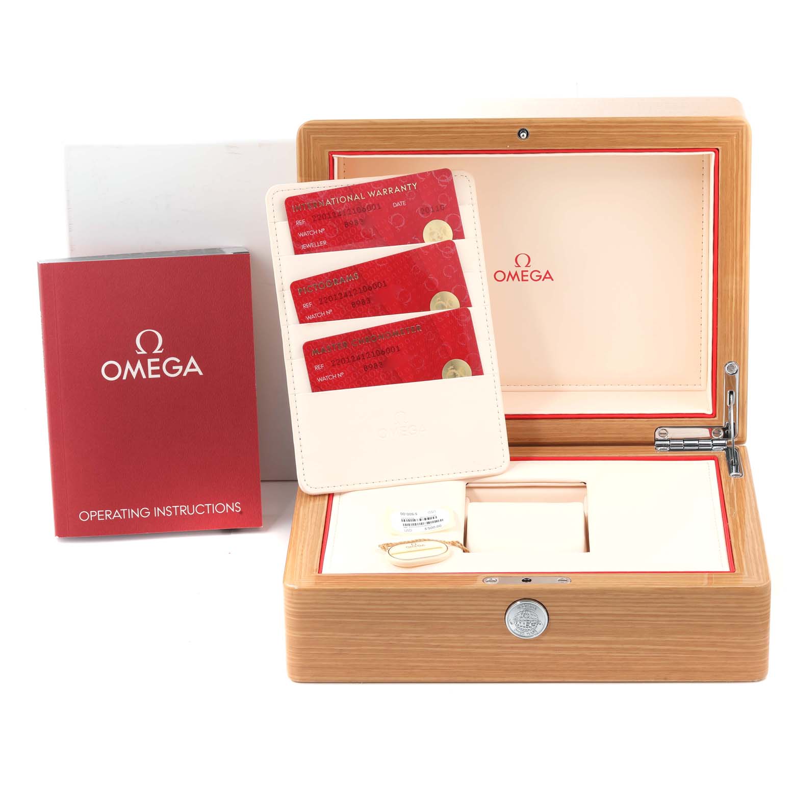 The image shows the Omega Aqua Terra 220.12.41.21.06.001 Men
s Stainless Steel Grey Dial 220.12.41.21.06.001 Men
s Stainless Steel Grey Dial watch box, operating instructions, and warranty cards from a top-angle view.