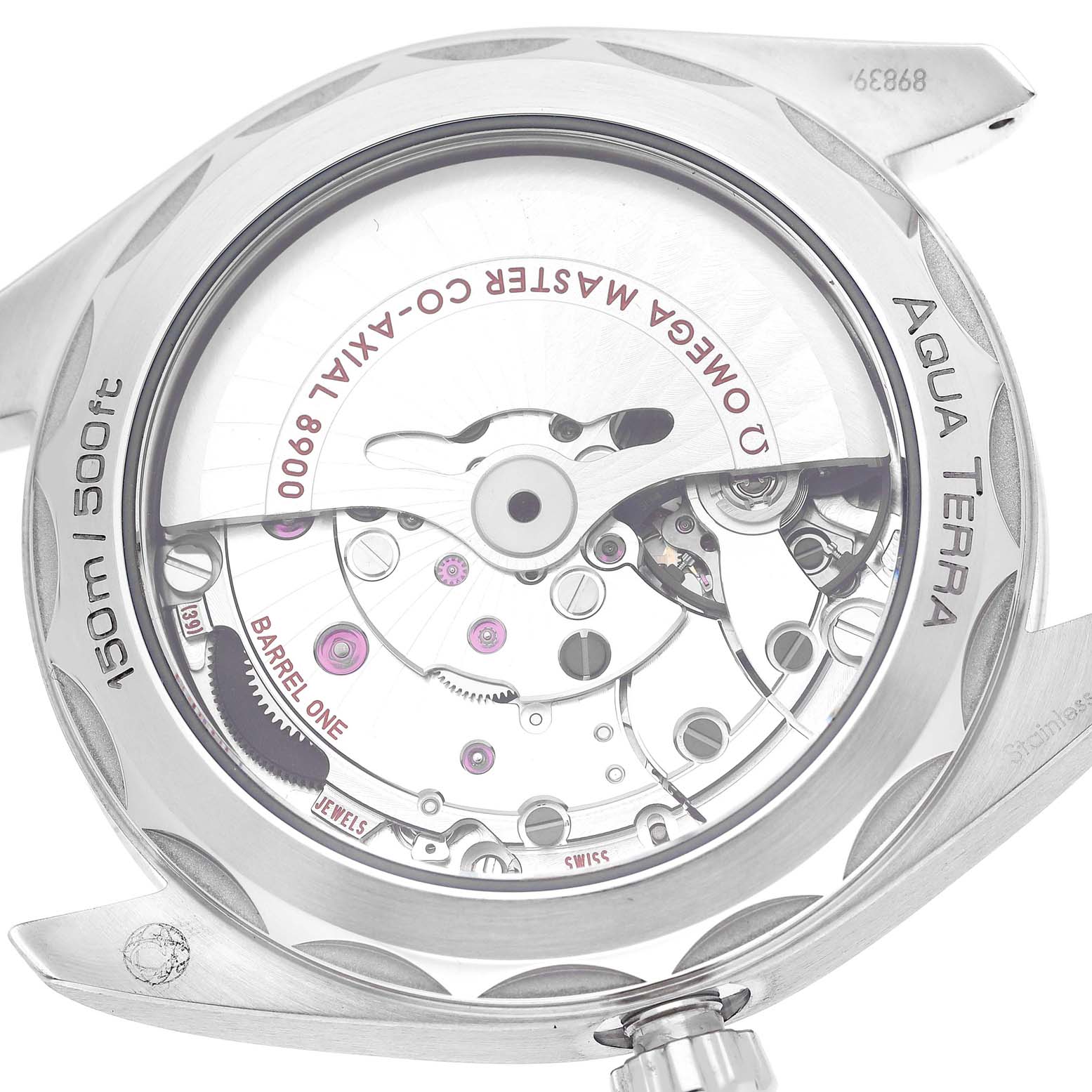 The image shows the back of the Omega Aqua Terra 220.12.41.21.06.001 Men
s Stainless Steel Grey Dial 220.12.41.21.06.001 Men
s Stainless Steel Grey Dial watch, highlighting the exposed movement and mechanical components.