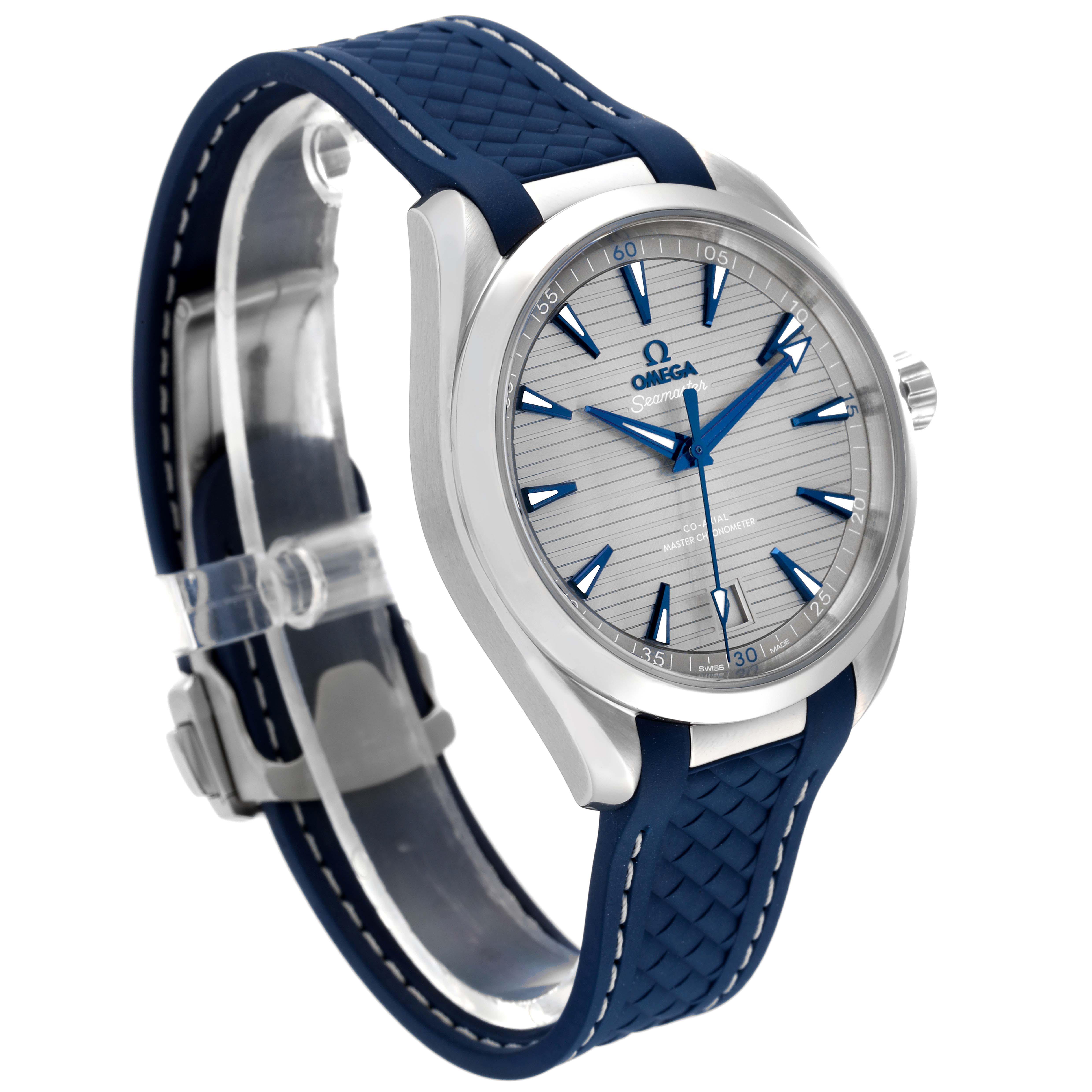 This Omega Aqua Terra 220.12.41.21.06.001 Men
s Stainless Steel Grey Dial 220.12.41.21.06.001 Men
s Stainless Steel Grey Dial watch is shown at a three-quarter angle, highlighting the face, bezel, crown, and strap.