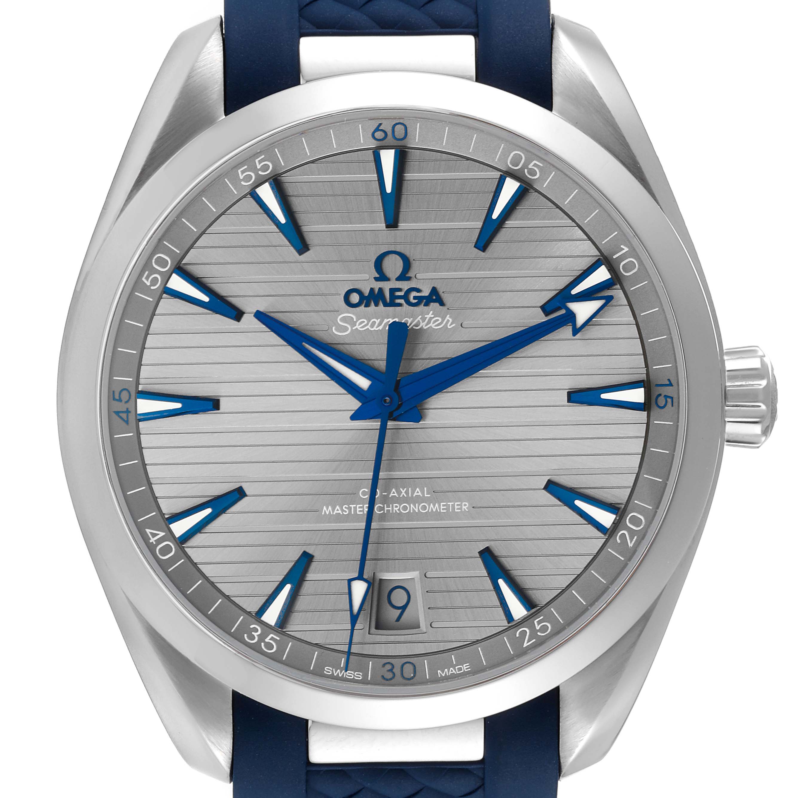 The image shows a front view of the Omega Aqua Terra 220.12.41.21.06.001 Men
s Stainless Steel Grey Dial 220.12.41.21.06.001 Men
s Stainless Steel Grey Dial watch, highlighting the dial, hour markers, hands, and date window.