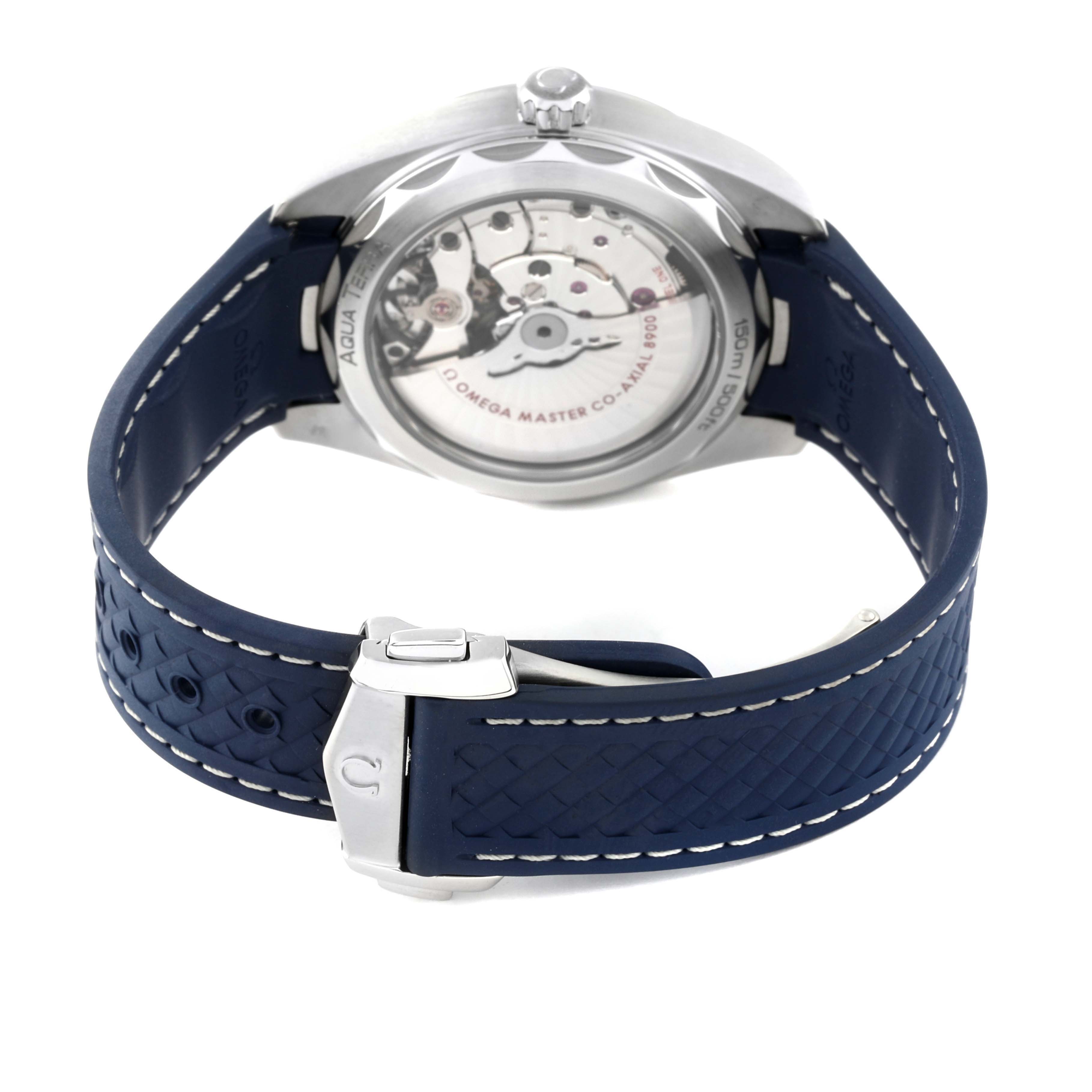 The image shows the back case of the Omega Aqua Terra 220.12.41.21.06.001 Men
s Stainless Steel Grey Dial 220.12.41.21.06.001 Men
s Stainless Steel Grey Dial watch along with its blue strap and clasp.