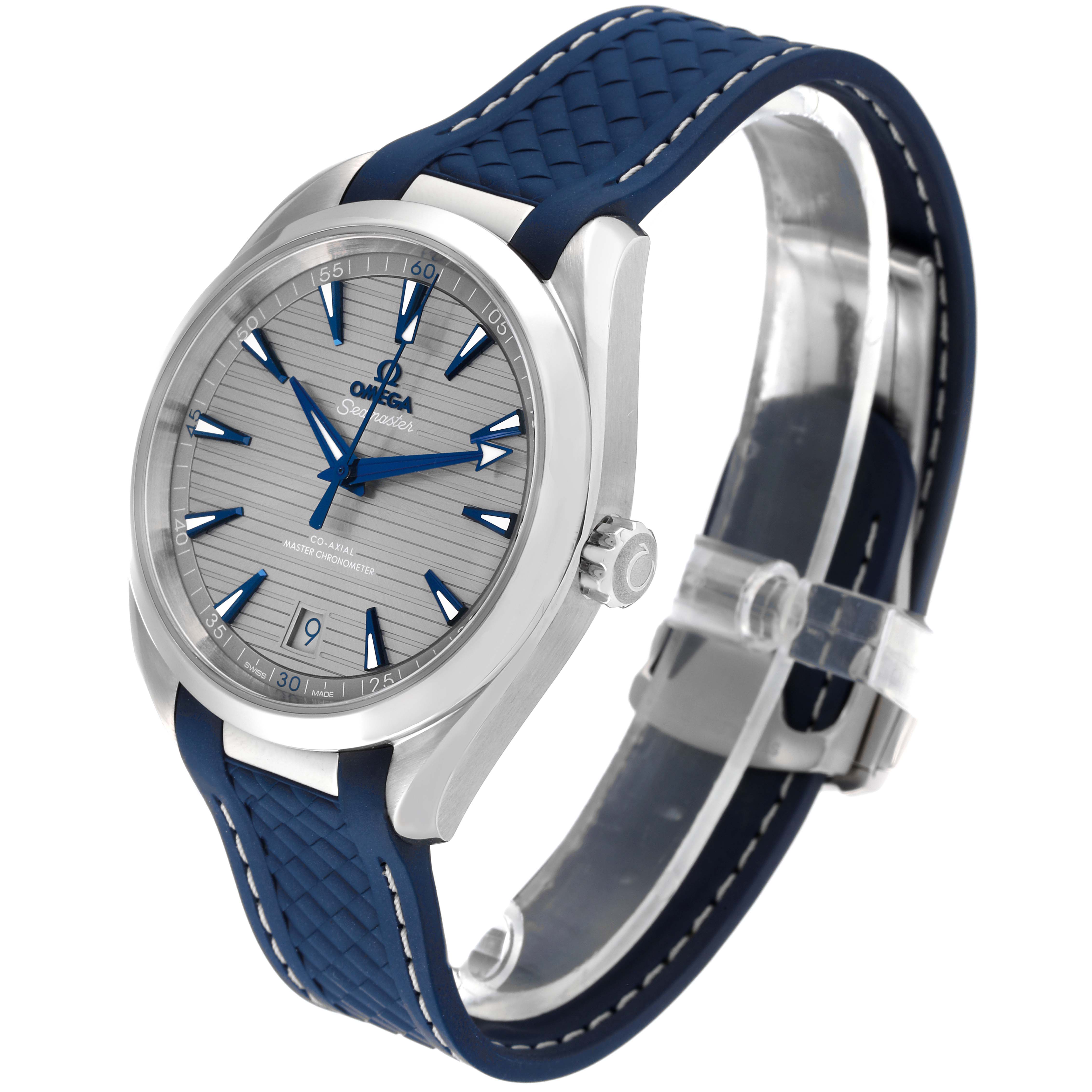 The Omega Aqua Terra 220.12.41.21.06.001 Men
s Stainless Steel Grey Dial 220.12.41.21.06.001 Men
s Stainless Steel Grey Dial watch is shown at an angled side view, highlighting its face, bezel, crown, and blue strap.