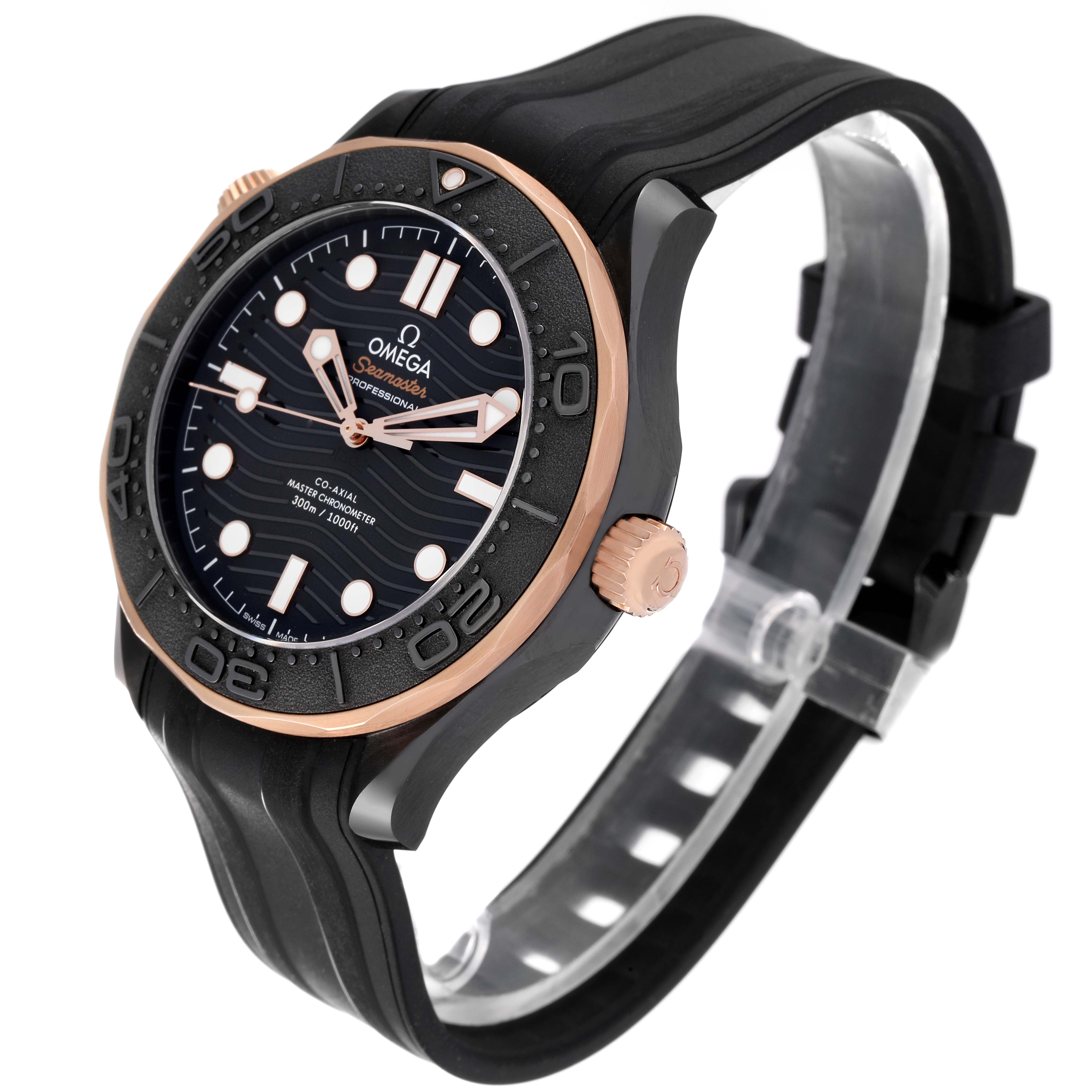 The image shows a side angle of the Omega Seamaster 210.62.44.20.01.001 Men's Ceramic Black Dial 210.62.44.20.01.001 Men's Ceramic Black Dial watch, highlighting its dial, bezel, crown, and rubber strap.