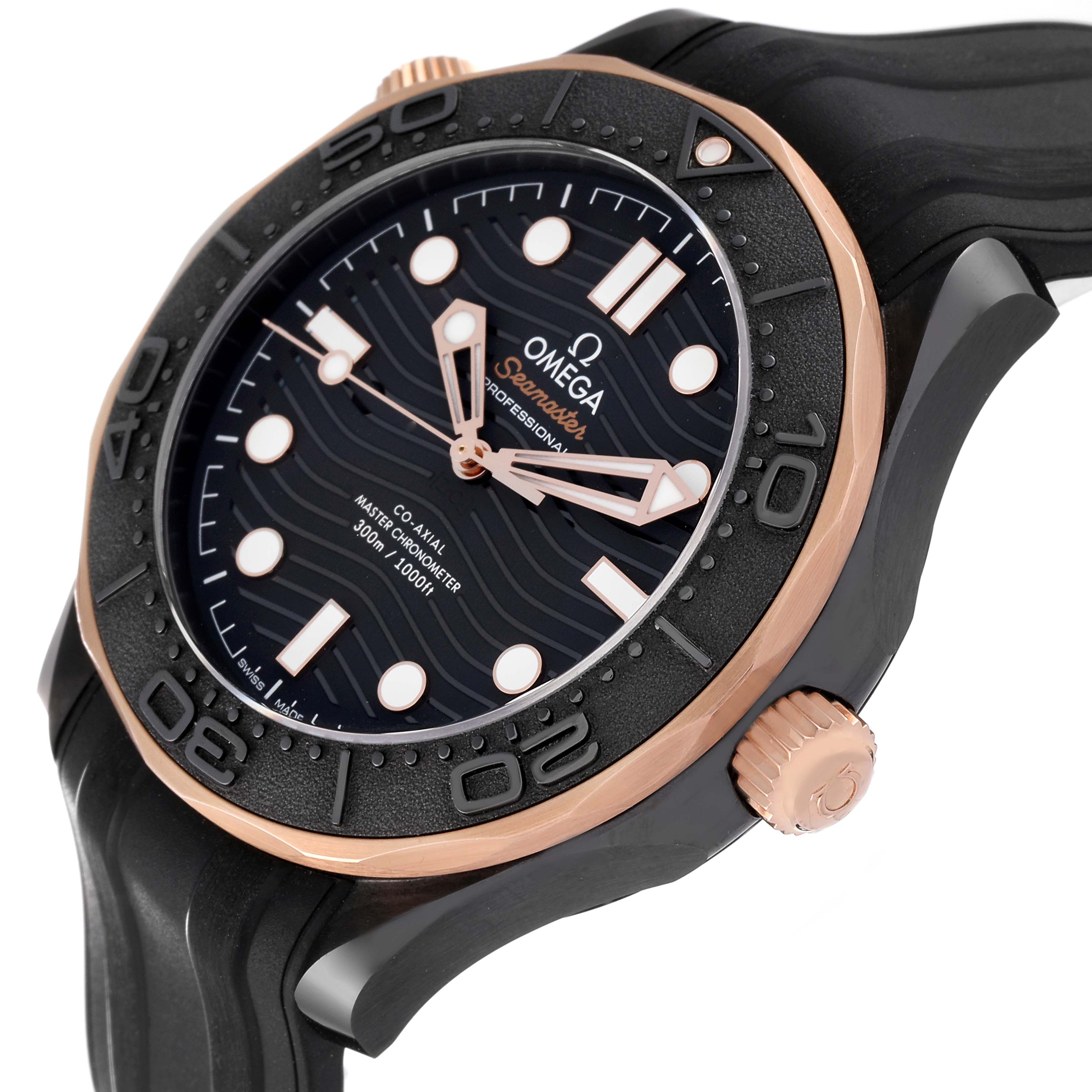 The image shows an angled view of an Omega Seamaster 210.62.44.20.01.001 Men's Ceramic Black Dial 210.62.44.20.01.001 Men's Ceramic Black Dial watch, highlighting its bezel, dial, hands, and crown.