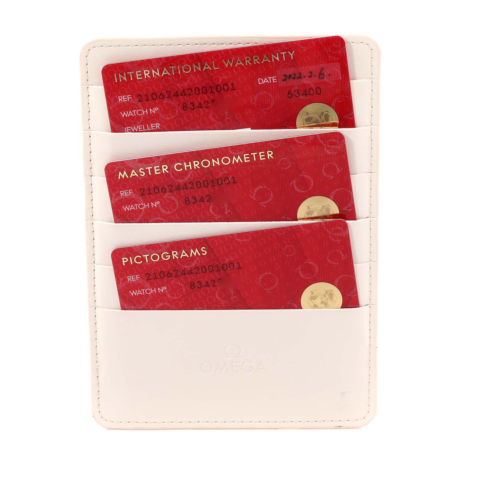 The image shows warranty, chronometer, and pictogram cards for the Omega Seamaster 210.62.44.20.01.001 Men's Ceramic Black Dial 210.62.44.20.01.001 Men's Ceramic Black Dial watch, displayed in a white cardholder.