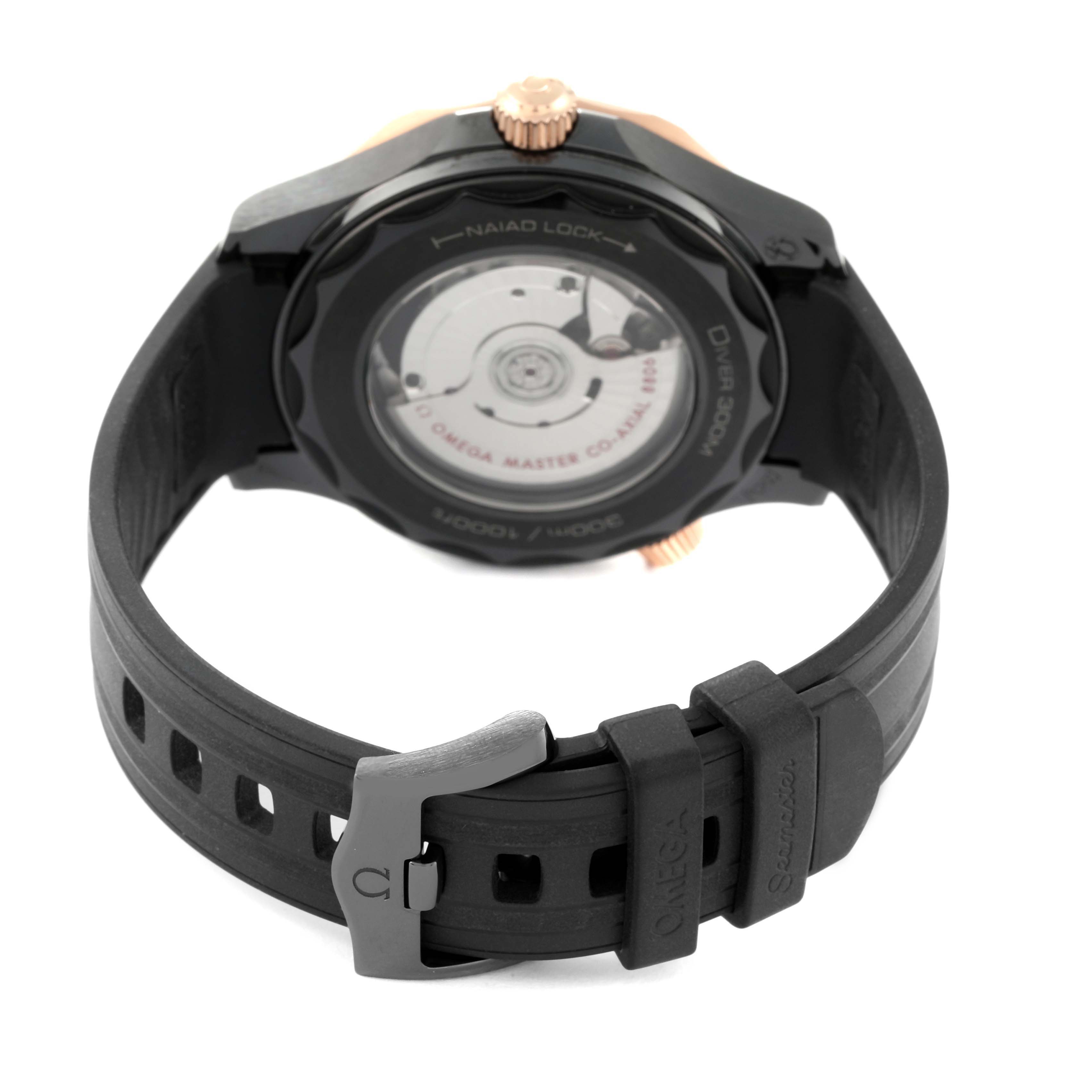This image shows the back view of an Omega Seamaster 210.62.44.20.01.001 Men's Ceramic Black Dial 210.62.44.20.01.001 Men's Ceramic Black Dial watch, highlighting the NAIAD LOCK system and rubber strap.