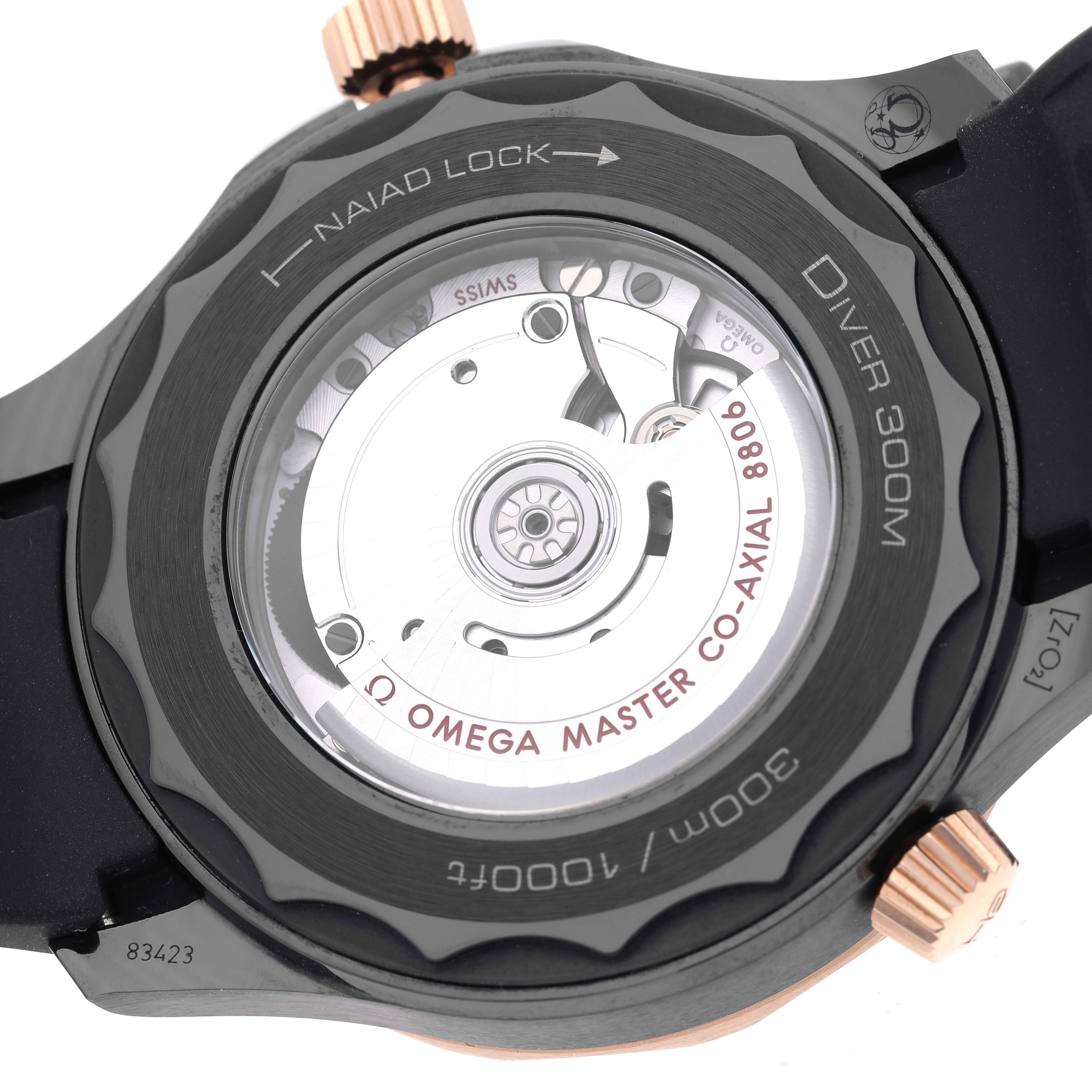 This image shows the back view of the Omega Seamaster 210.62.44.20.01.001 Men's Ceramic Black Dial 210.62.44.20.01.001 Men's Ceramic Black Dial Diver 300M watch, highlighting its movement and Naiad Lock system.