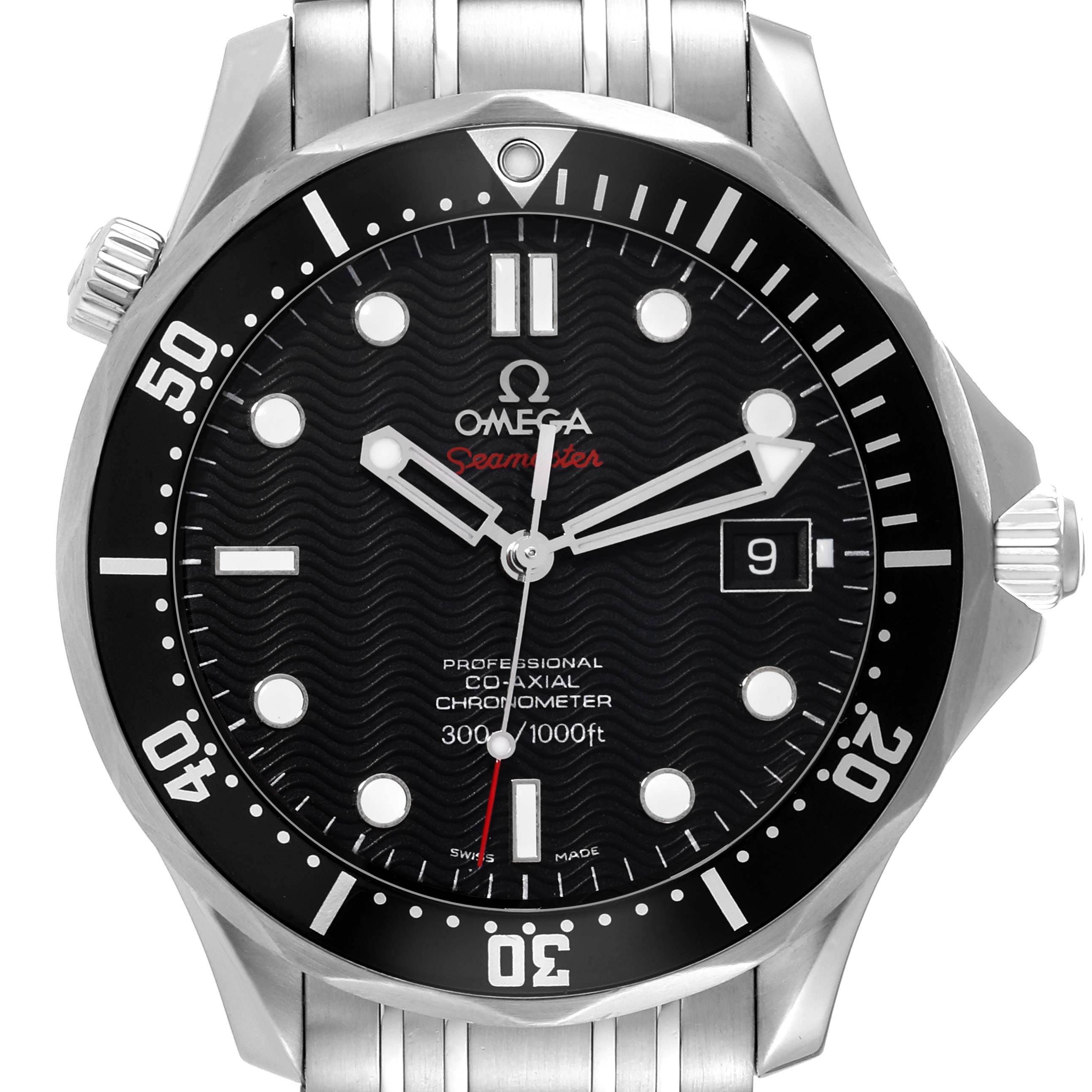 The image shows a frontal close-up view of the Omega Seamaster 212.30.41.20.01.002 Men
s Stainless Steel Black Dial 212.30.41.20.01.002 Men
s Stainless Steel Black Dial watch, highlighting its dial, bezel, and part of the metal bracelet.