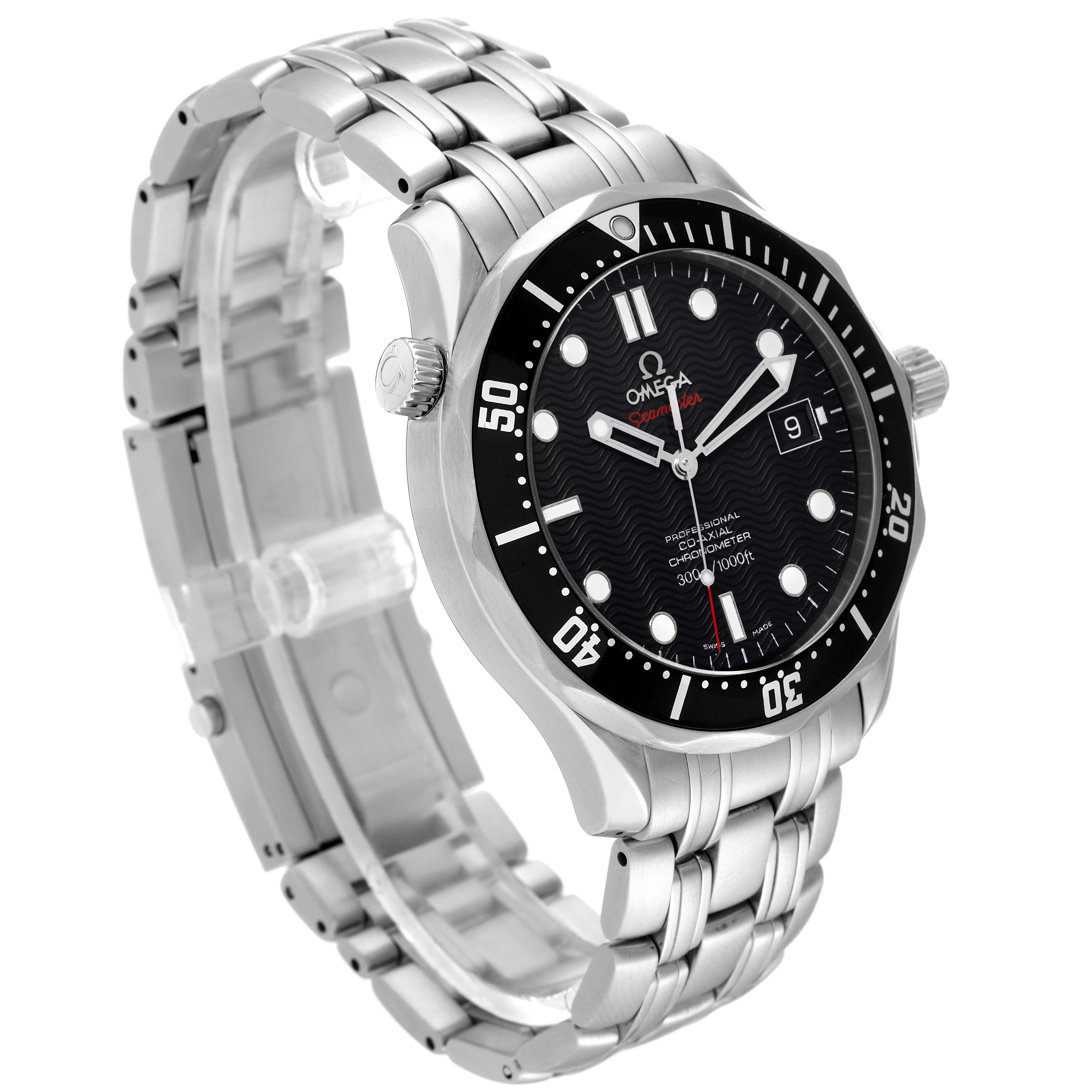 The Omega Seamaster 212.30.41.20.01.002 Men
s Stainless Steel Black Dial 212.30.41.20.01.002 Men
s Stainless Steel Black Dial watch is shown at a three-quarter angle, highlighting its dial, bezel, crown, and stainless steel bracelet.