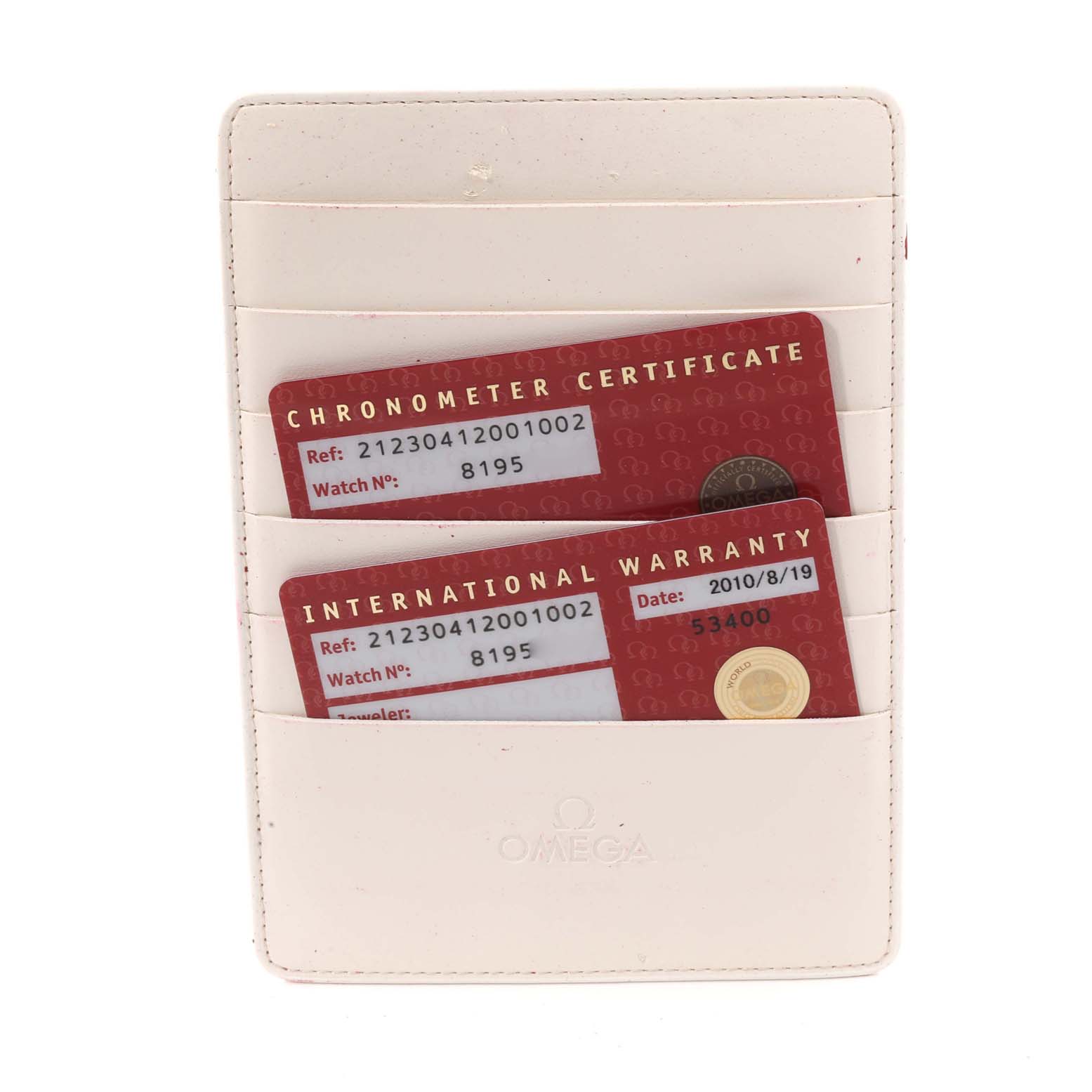 This image shows a white cardholder containing a Chronometer Certificate and International Warranty card for an Omega Seamaster 212.30.41.20.01.002 Men
s Stainless Steel Black Dial 212.30.41.20.01.002 Men
s Stainless Steel Black Dial watch.