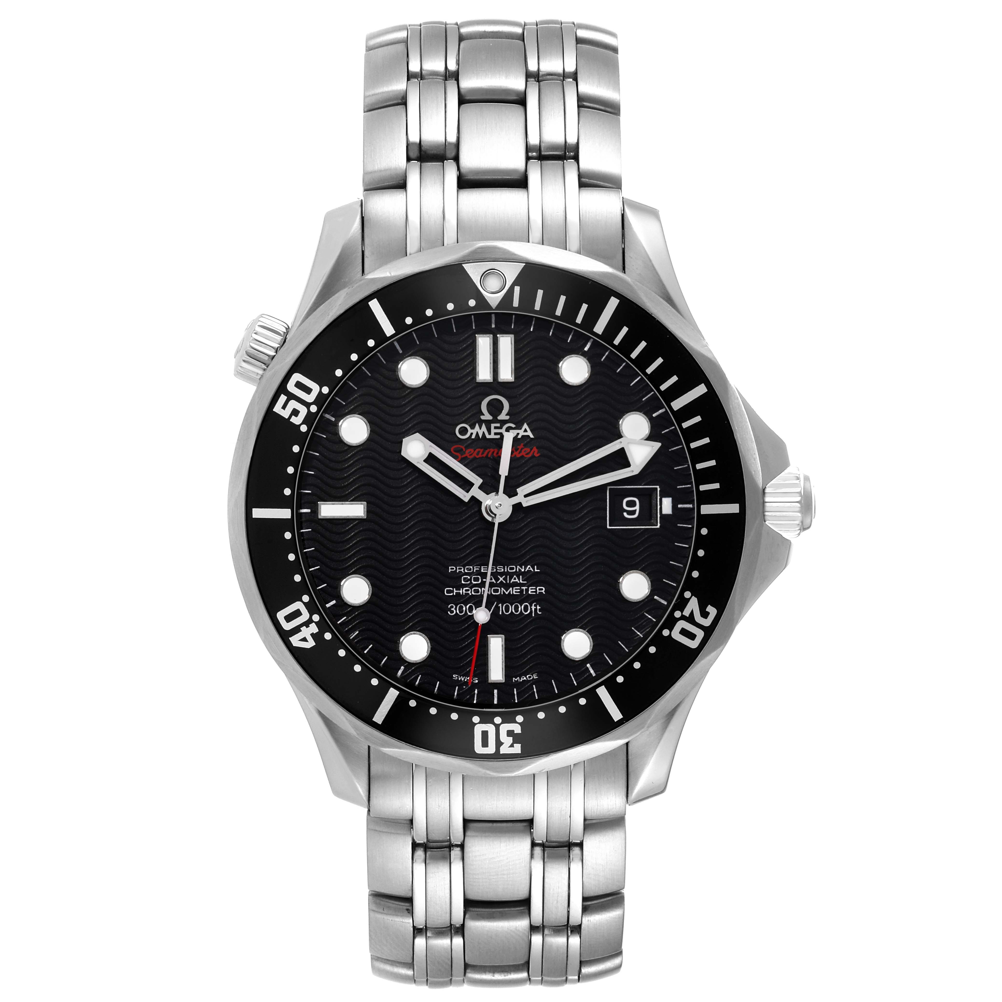 The Omega Seamaster 212.30.41.20.01.002 Men
s Stainless Steel Black Dial 212.30.41.20.01.002 Men
s Stainless Steel Black Dial watch is shown from a front angle, displaying its dial, bezel, case, and metal bracelet.