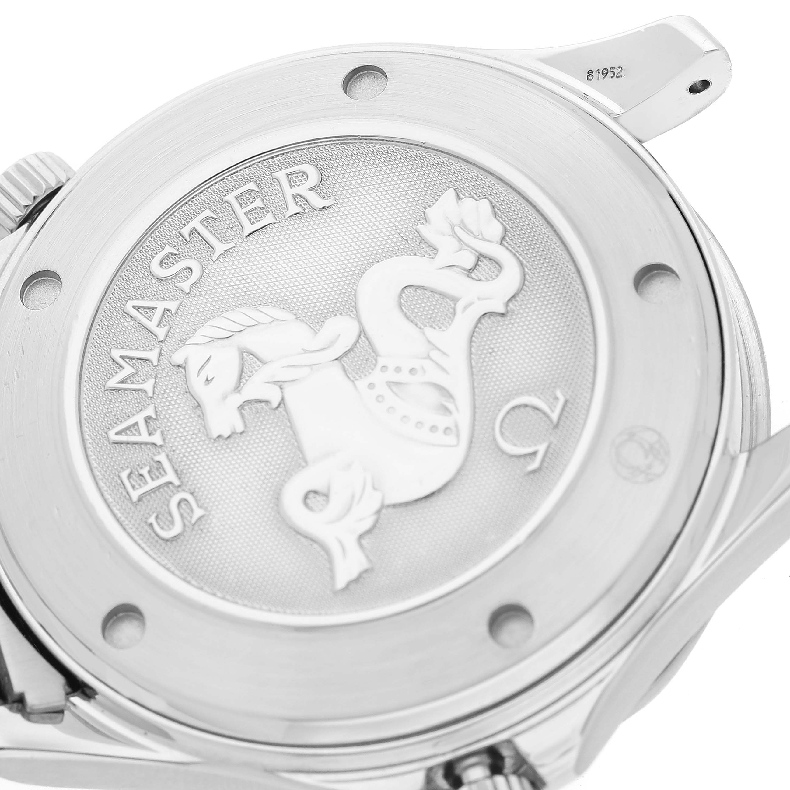 The image shows the case back of an Omega Seamaster 212.30.41.20.01.002 Men
s Stainless Steel Black Dial 212.30.41.20.01.002 Men
s Stainless Steel Black Dial watch, featuring an engraved seahorse logo and branding.