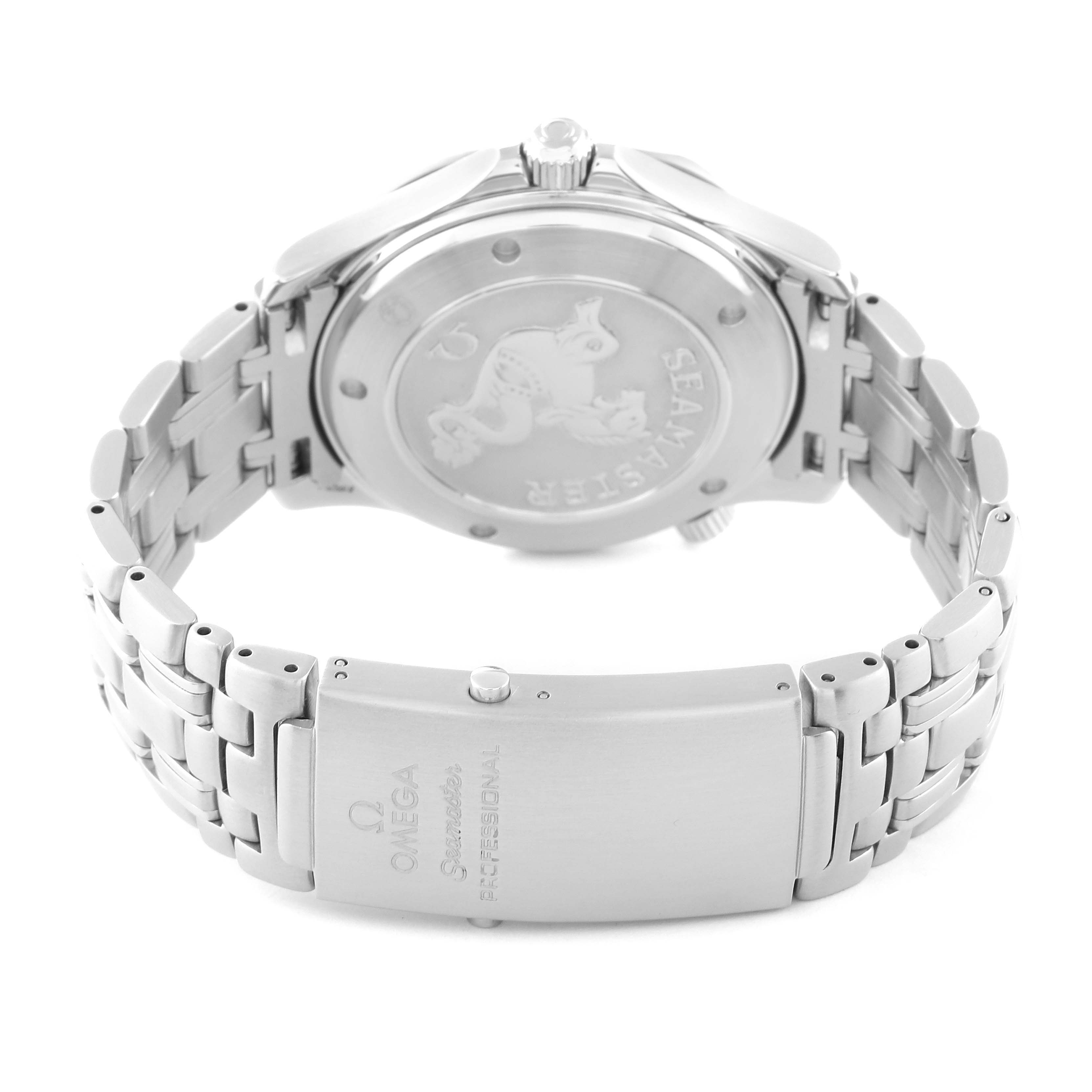 The image shows the back case and clasp of an Omega Seamaster 212.30.41.20.01.002 Men
s Stainless Steel Black Dial 212.30.41.20.01.002 Men
s Stainless Steel Black Dial watch, highlighting the bracelet and rear engraving.