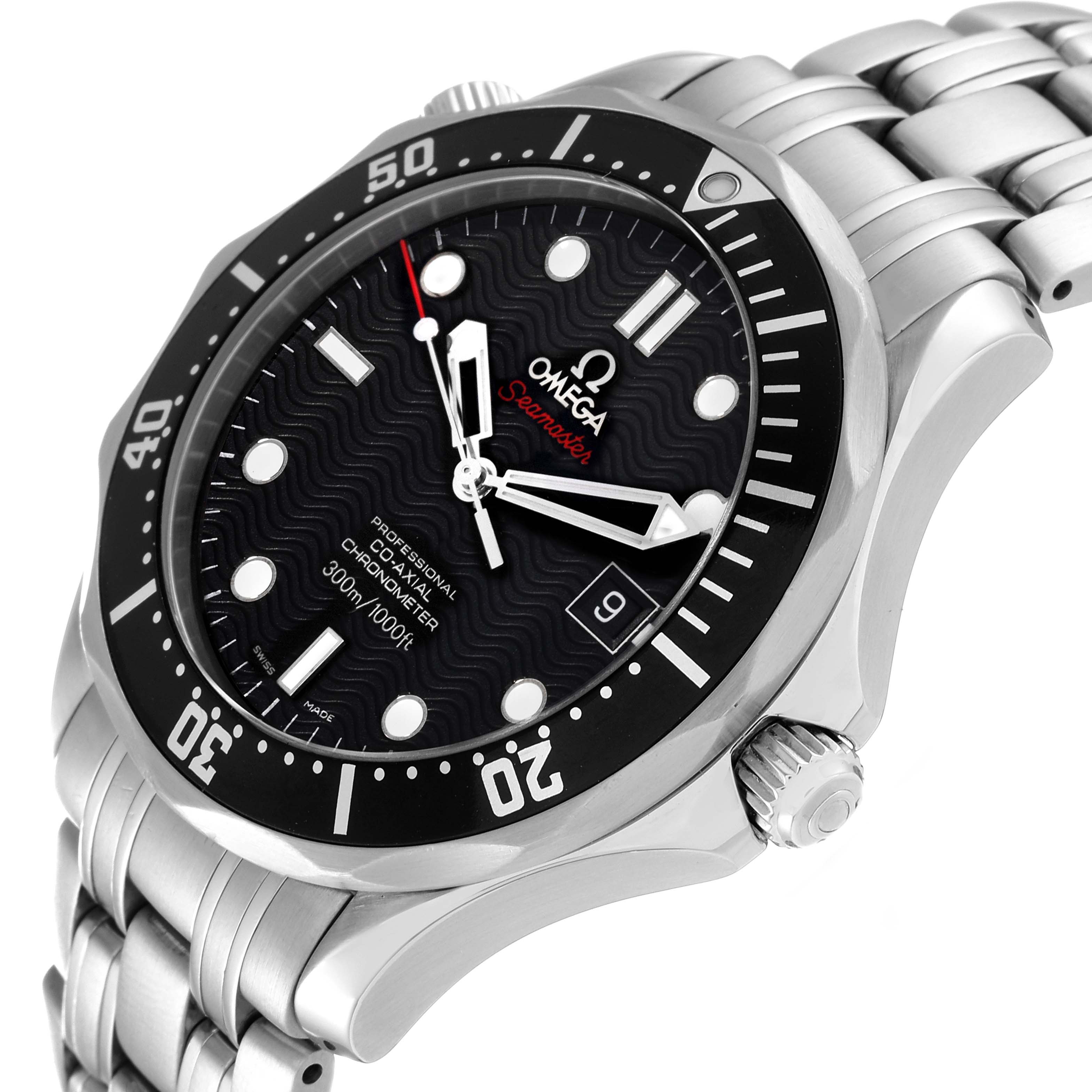 This image shows a detailed angled view of the Omega Seamaster 212.30.41.20.01.002 Men
s Stainless Steel Black Dial 212.30.41.20.01.002 Men
s Stainless Steel Black Dial watch, highlighting the dial, bezel, and bracelet.