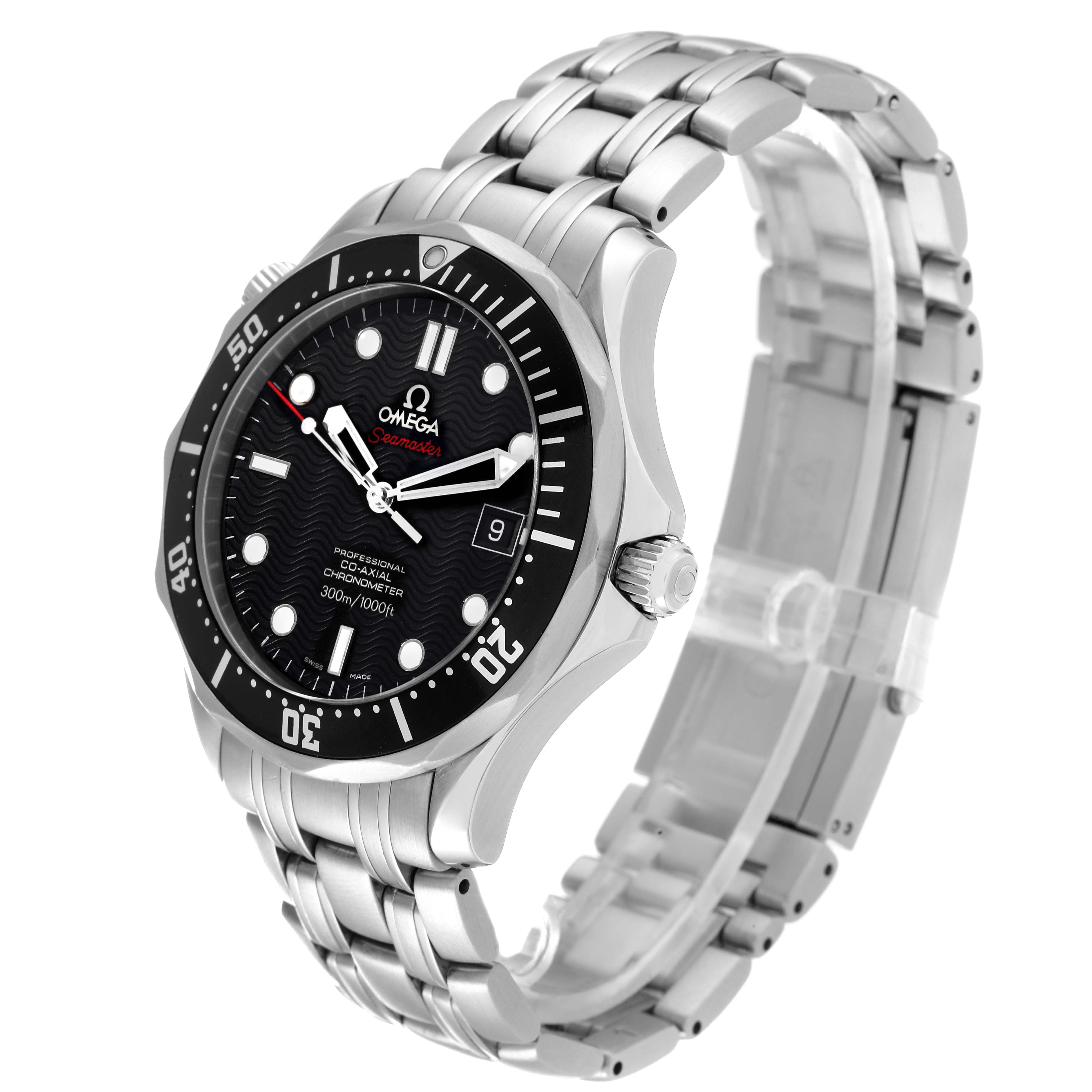 The Omega Seamaster 212.30.41.20.01.002 Men
s Stainless Steel Black Dial 212.30.41.20.01.002 Men
s Stainless Steel Black Dial watch is shown at a slight angle, highlighting its face, bezel, crown, and stainless steel bracelet.