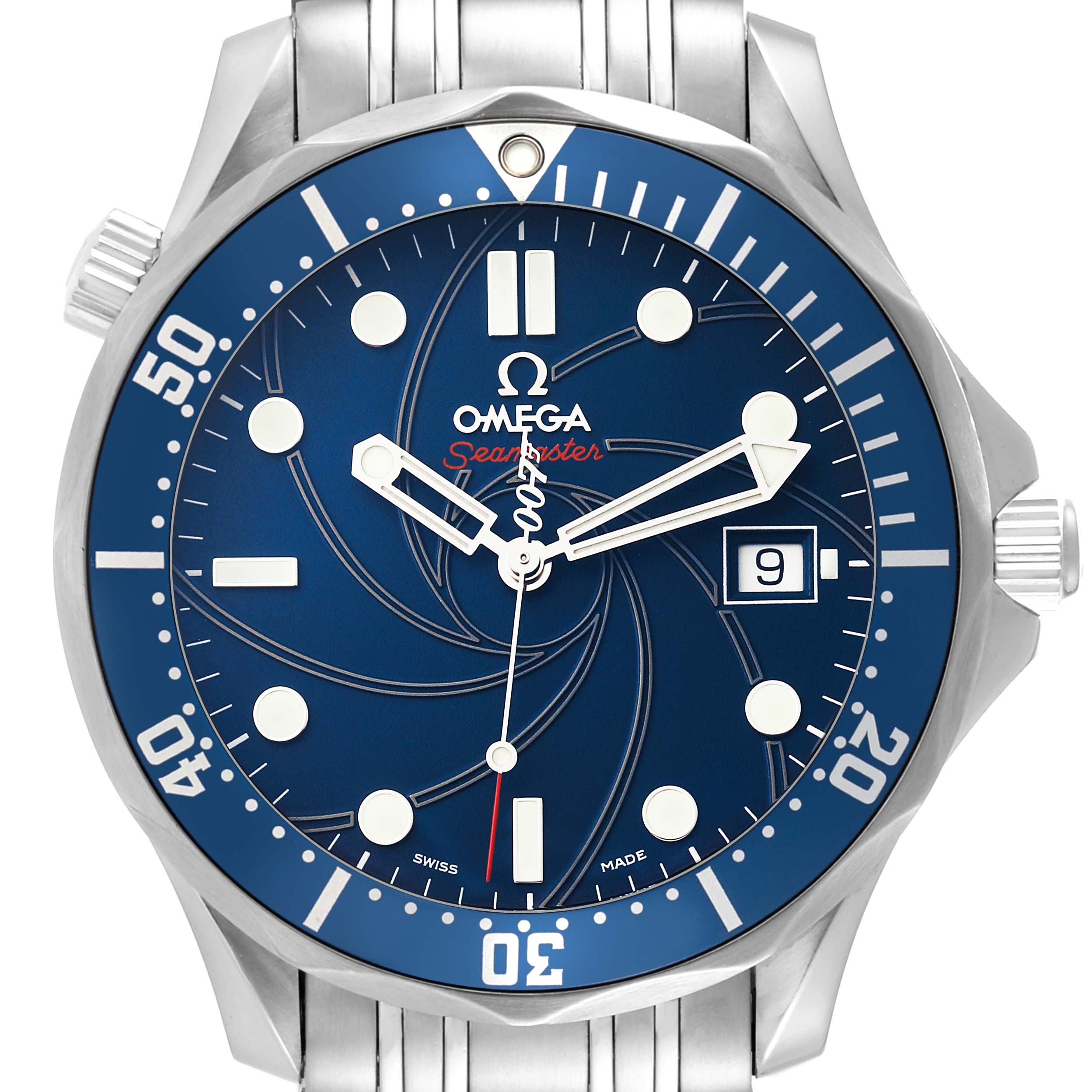 The Omega Seamaster 2226.80.00 Men's Stainless Steel Blue Dial 2226.80.00 Men's Stainless Steel Blue Dial watch is shown from a front angle, displaying the blue dial, hands, bezel, date window, and stainless steel bracelet.