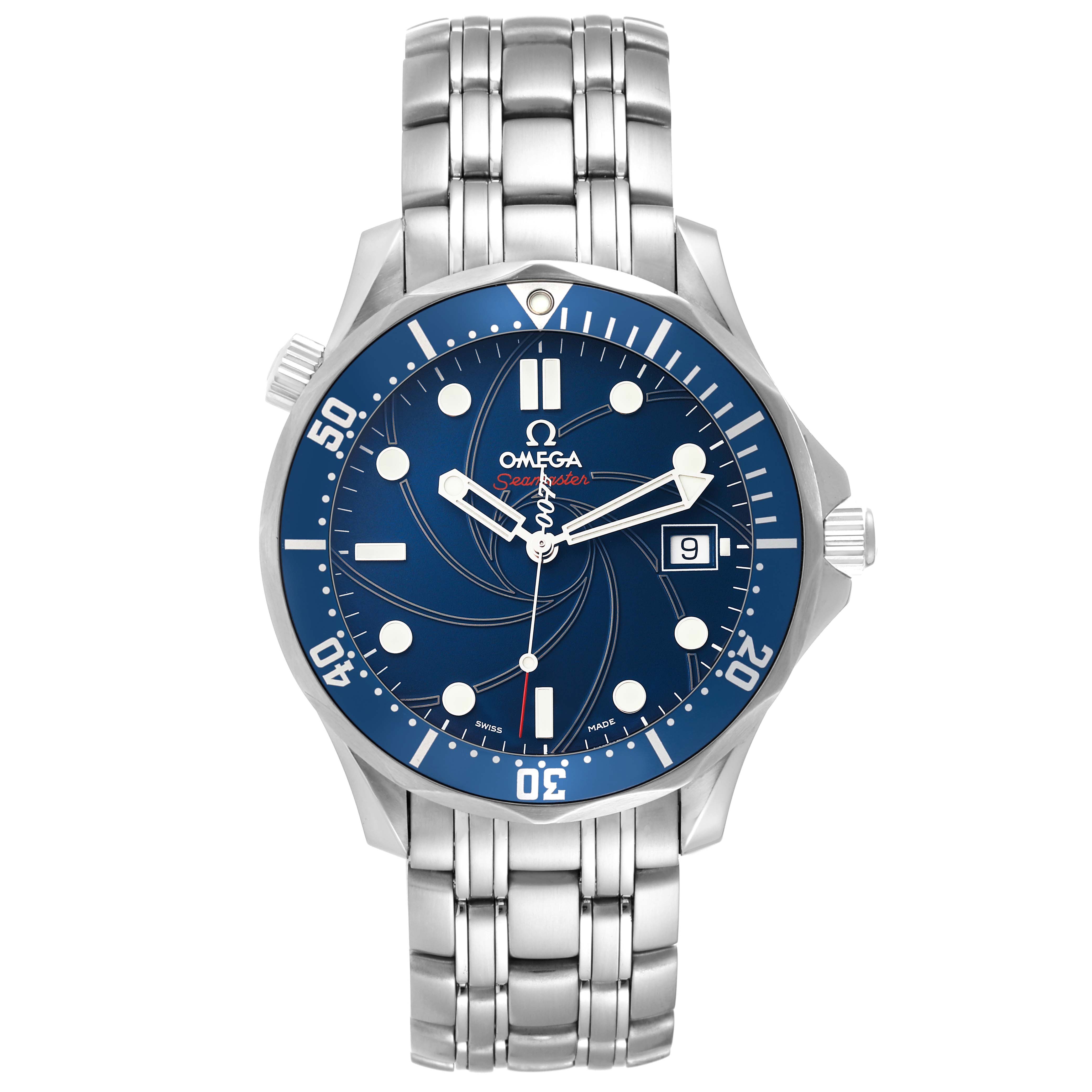 The image shows a front view of an Omega Seamaster 2226.80.00 Men's Stainless Steel Blue Dial 2226.80.00 Men's Stainless Steel Blue Dial watch, displaying its blue dial, stainless steel bracelet, and crown.
