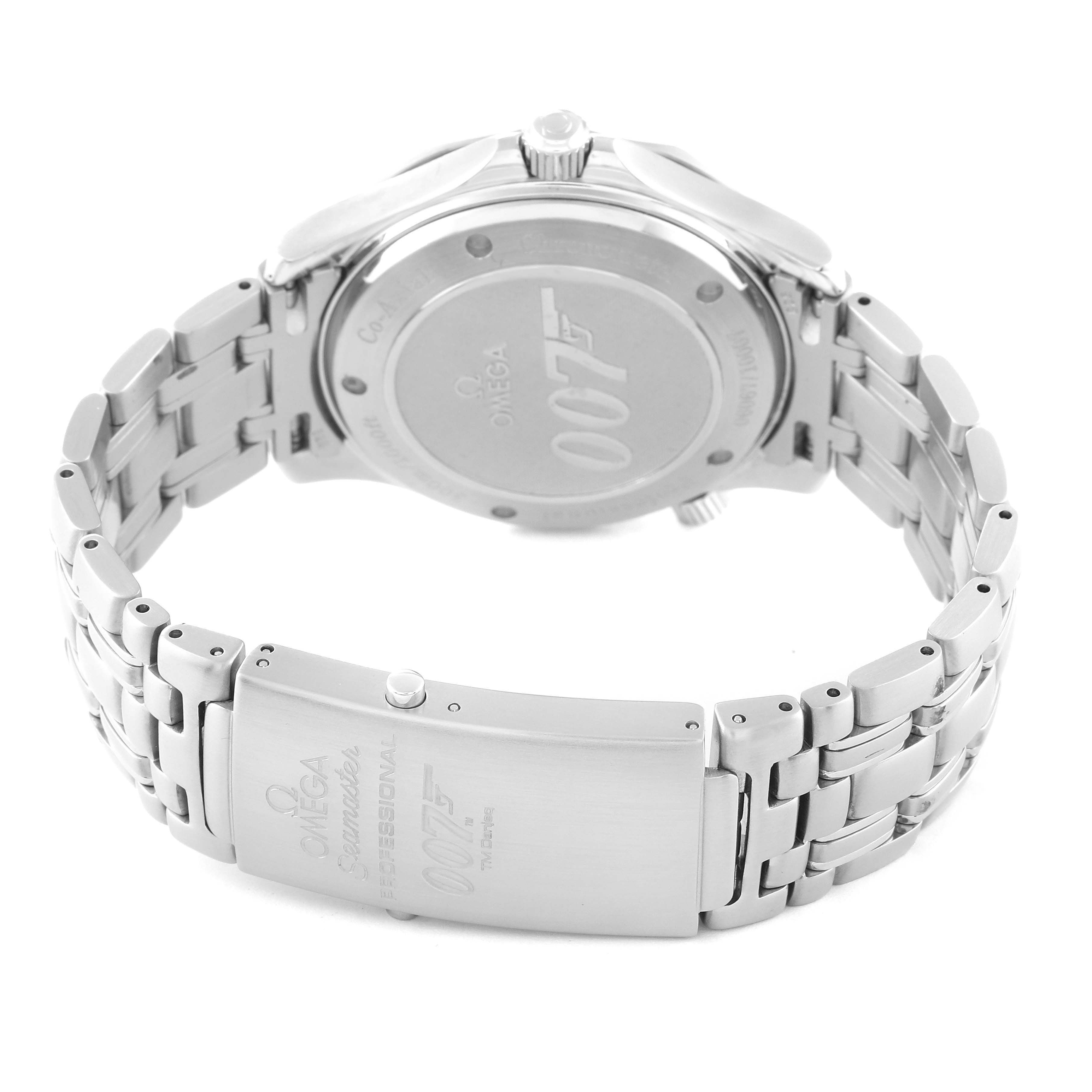 The back view of the Omega Seamaster 2226.80.00 Men's Stainless Steel Blue Dial 2226.80.00 Men's Stainless Steel Blue Dial watch, showcasing the case back and clasp, featuring the 007 logo.