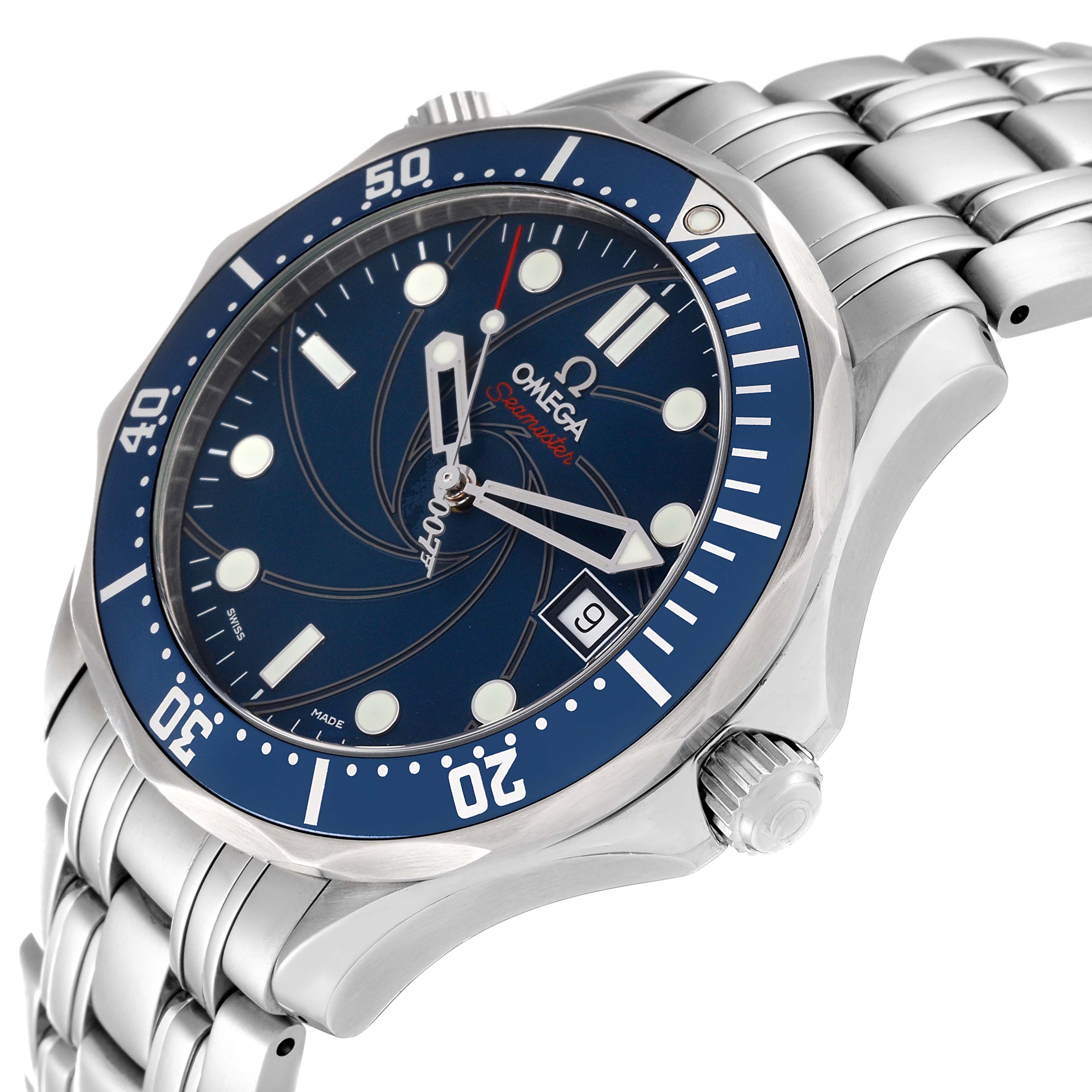 The image shows a side angle view of the Omega Seamaster 2226.80.00 Men's Stainless Steel Blue Dial 2226.80.00 Men's Stainless Steel Blue Dial watch, highlighting the dial, bezel, crown, and metal bracelet.