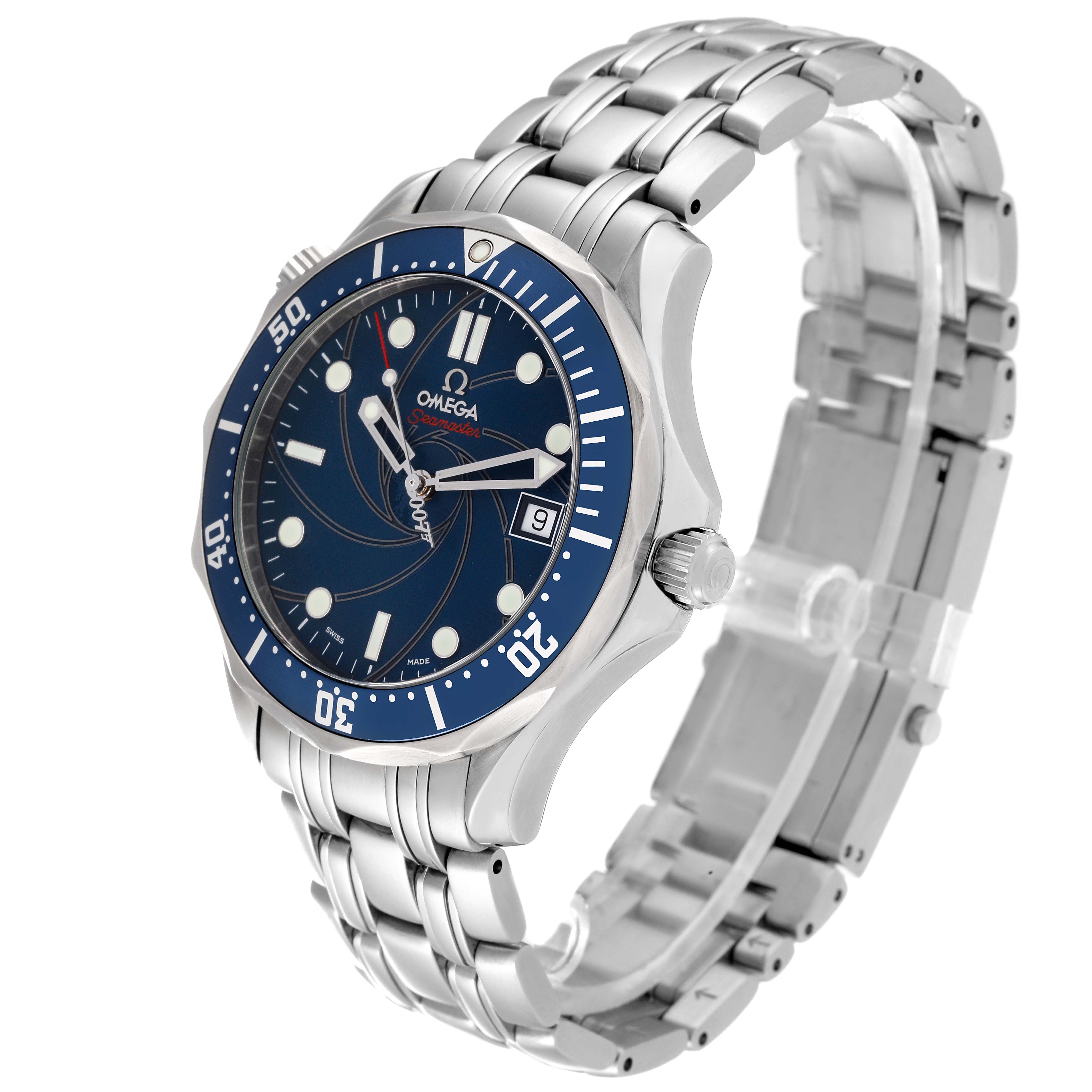 The image shows an angled view of the Omega Seamaster 2226.80.00 Men's Stainless Steel Blue Dial 2226.80.00 Men's Stainless Steel Blue Dial watch, highlighting its face, bezel, crown, and metal bracelet.