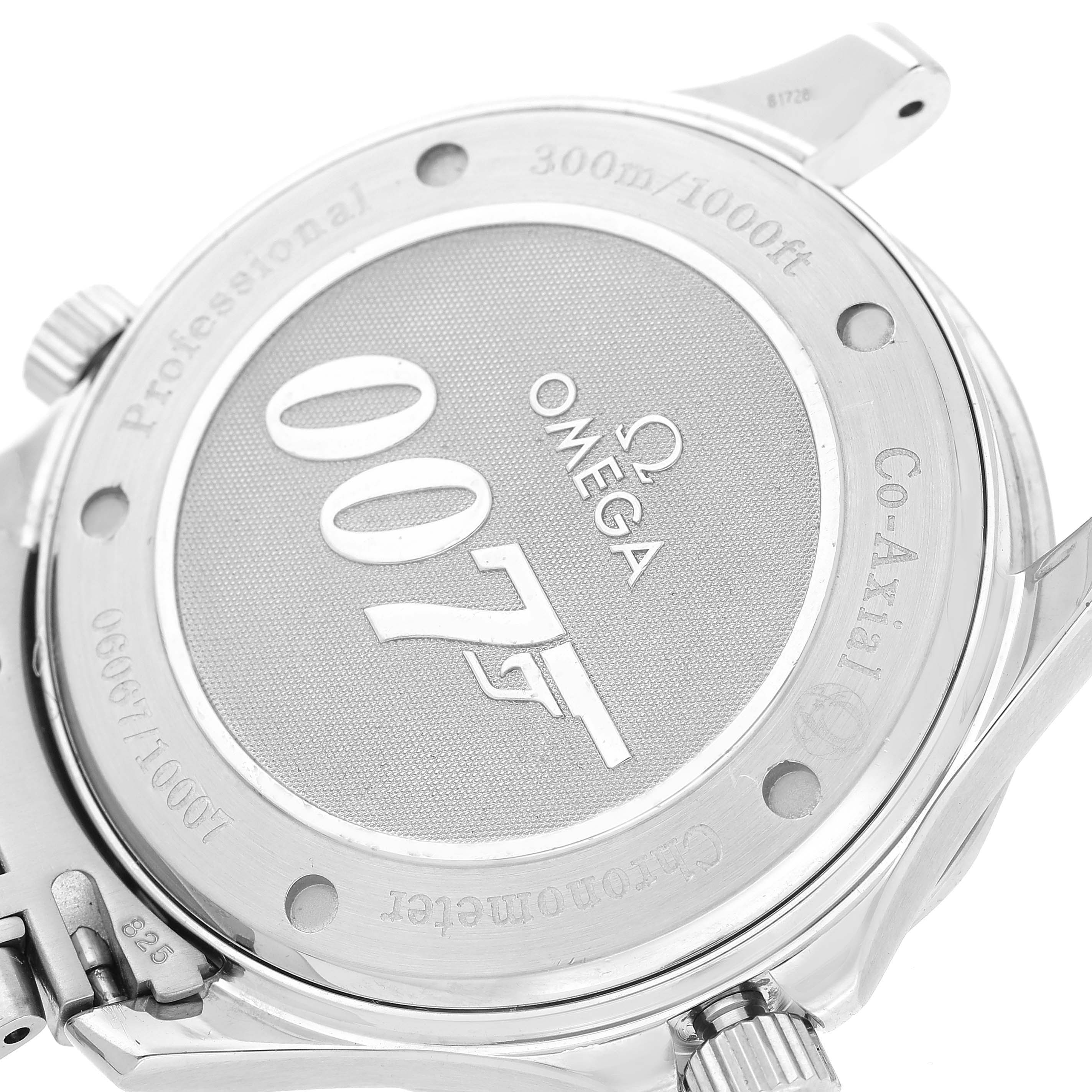 This image shows the case back of the Omega Seamaster 2226.80.00 Men's Stainless Steel Blue Dial 2226.80.00 Men's Stainless Steel Blue Dial watch, featuring a 007 logo and model-specific engravings.